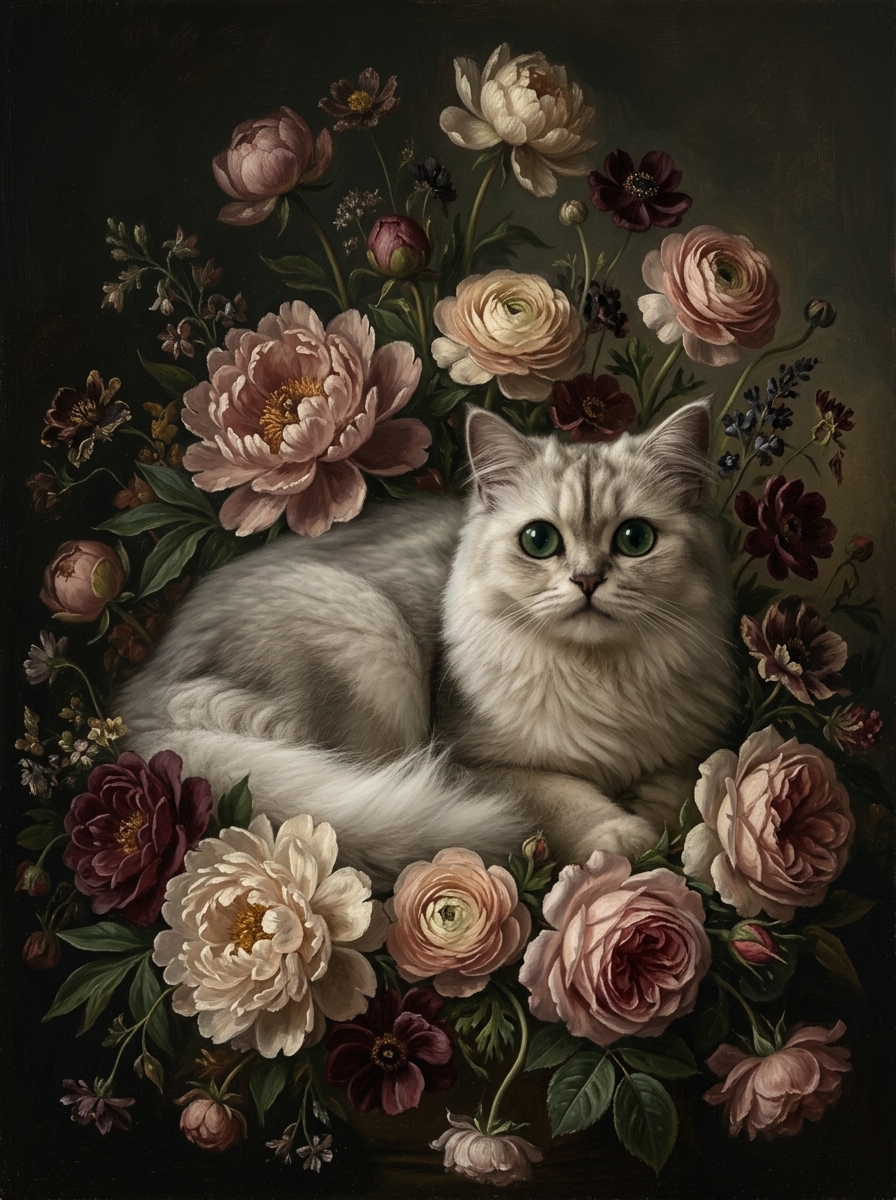 チンチラペルシャの花の油絵風アート額装プリントができました