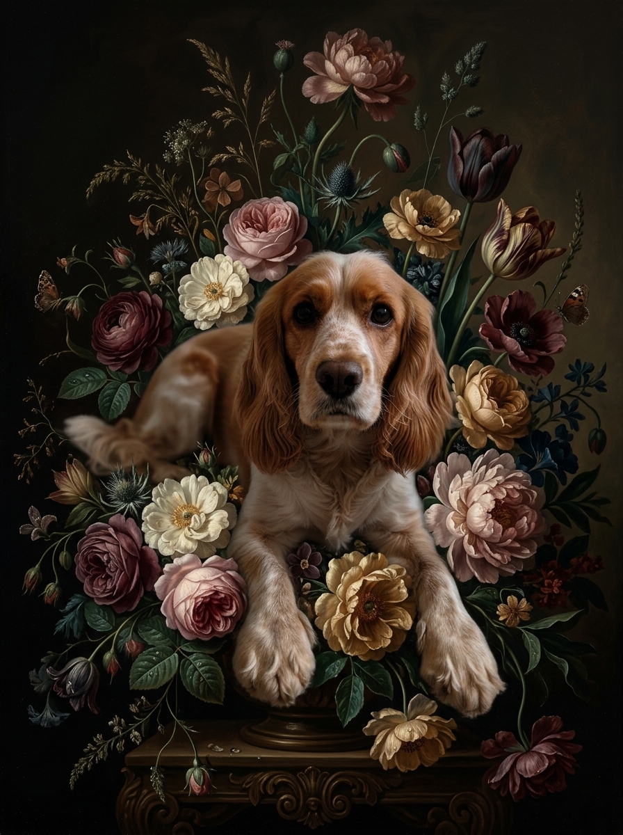 コッカースパニエルの花の油絵風アート額装プリントができました