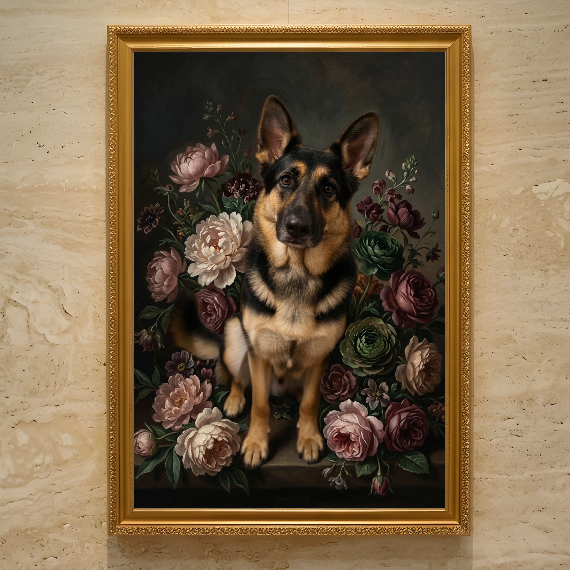ジャーマンシェパードの花の油絵風アート額装プリントができました