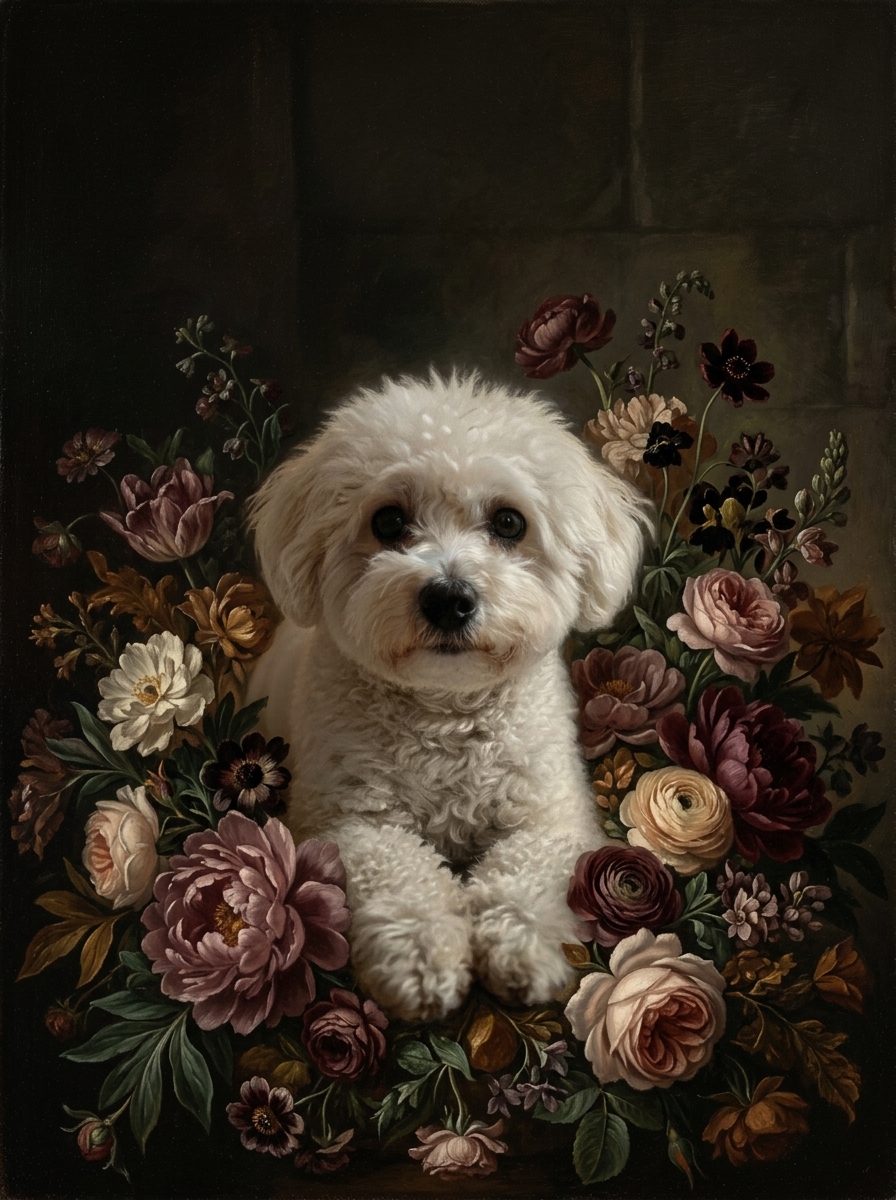 ビションフリーゼの花の油絵風アート額装プリントができました