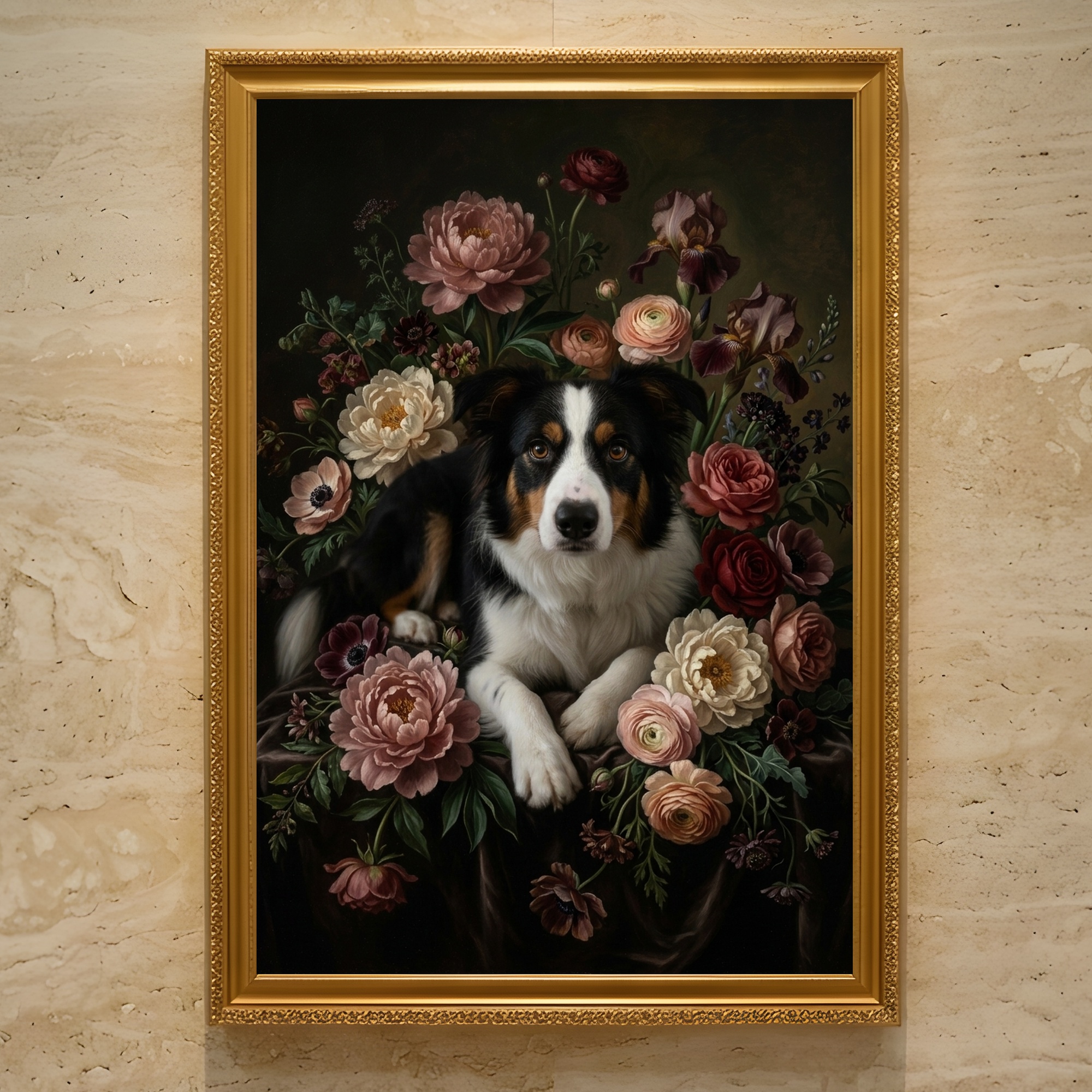 ボーダーコリーの花の油絵風アート額装プリントができました！ - うち