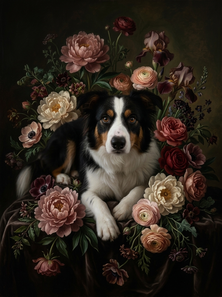 ボーダーコリーの花の油絵風アート額装プリントができました！ - うち
