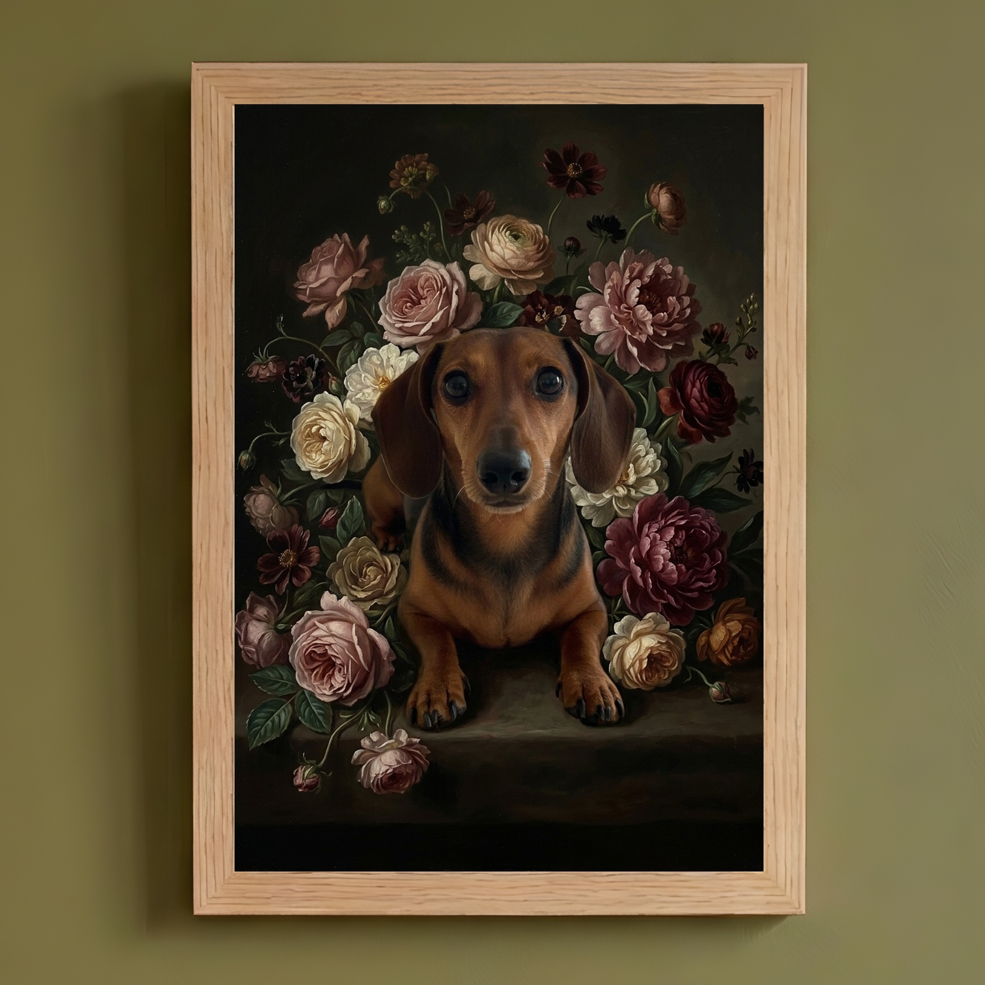 ミニチュアダックスフンドの花の油絵風アート額装プリントができました 