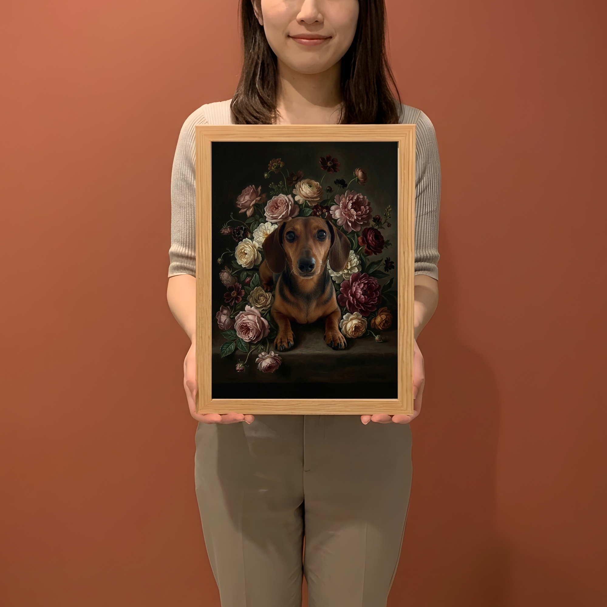 ミニチュアダックスフンドの花の油絵風アート額装プリントができました