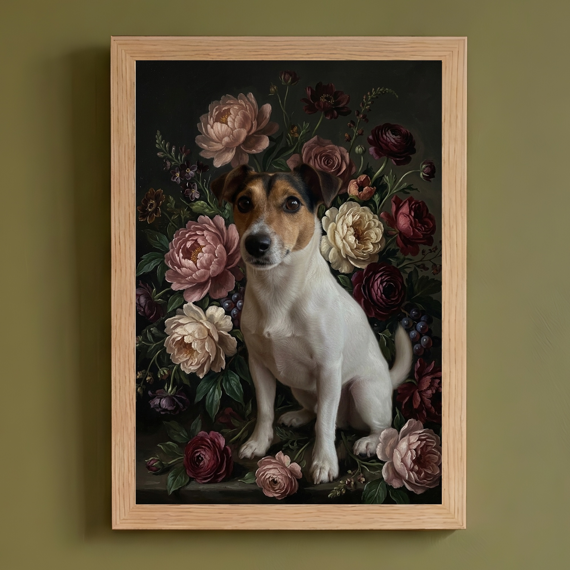 ジャックラッセルテリアの花の油絵風アート額装プリントができました