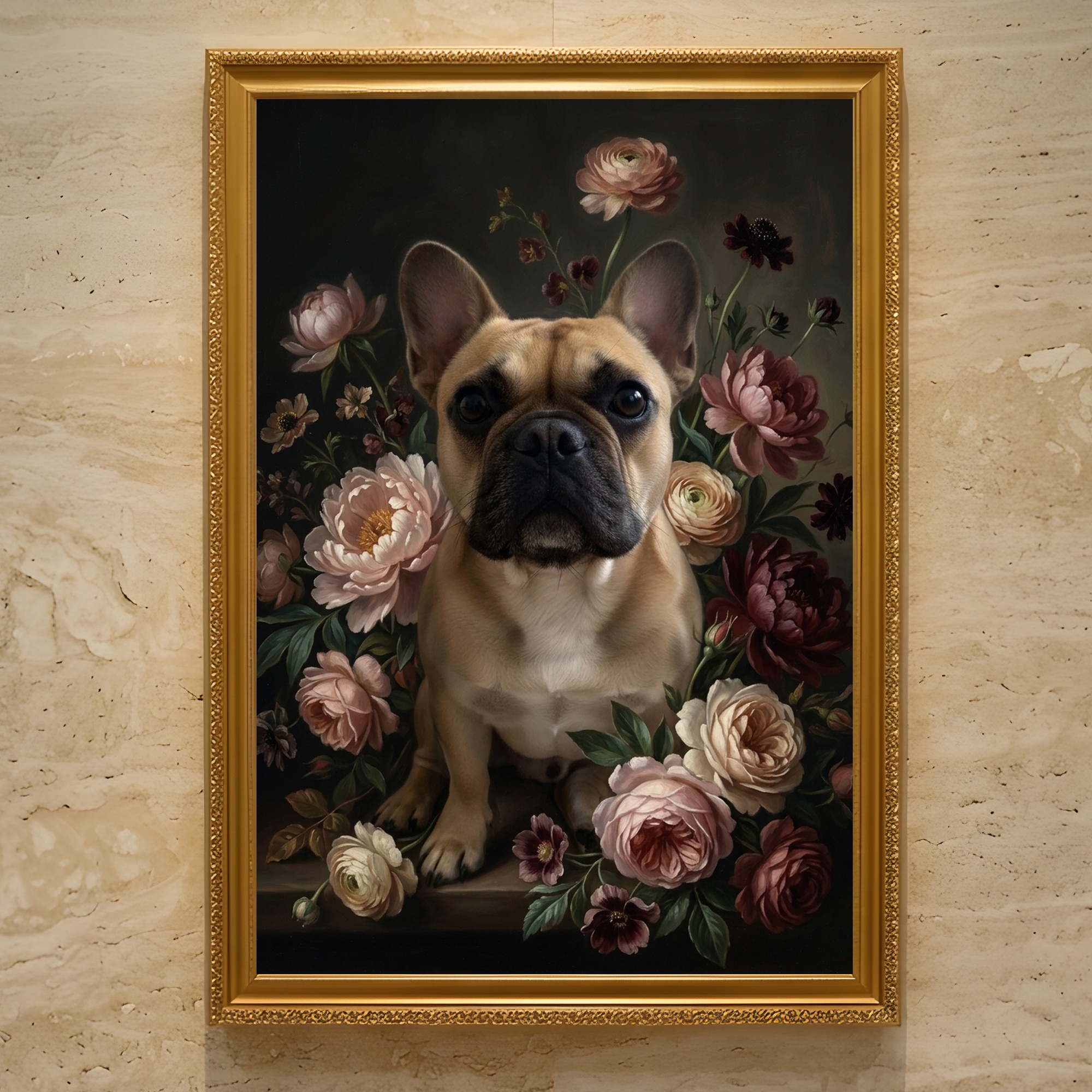 フレンチブルドッグの花の油絵風アート額装プリントができました