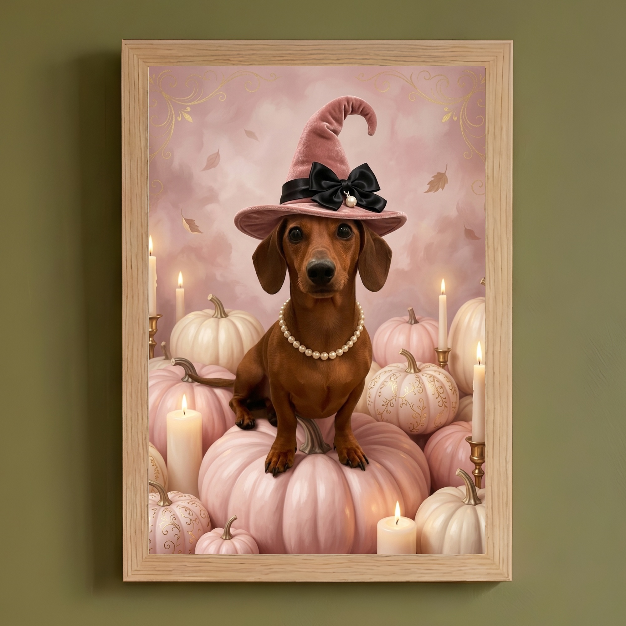 ミニチュアダックスフンドのかぼちゃとキャンドルの油絵風アートハロウィン額装プリント(A4サイズ)