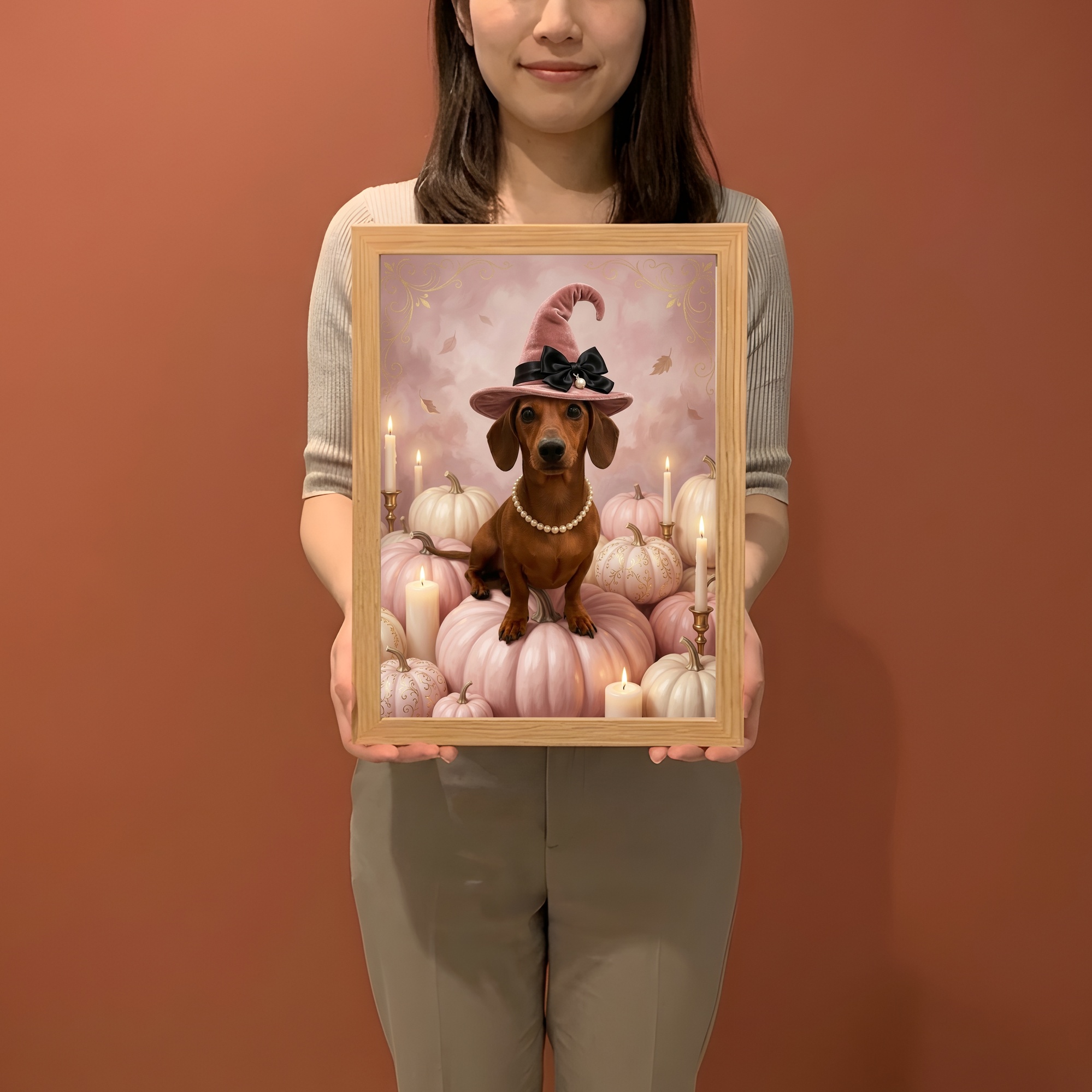 ミニチュアダックスフンドのかぼちゃとキャンドルの油絵風アートハロウィン額装プリント(A4サイズ)(2枚目)