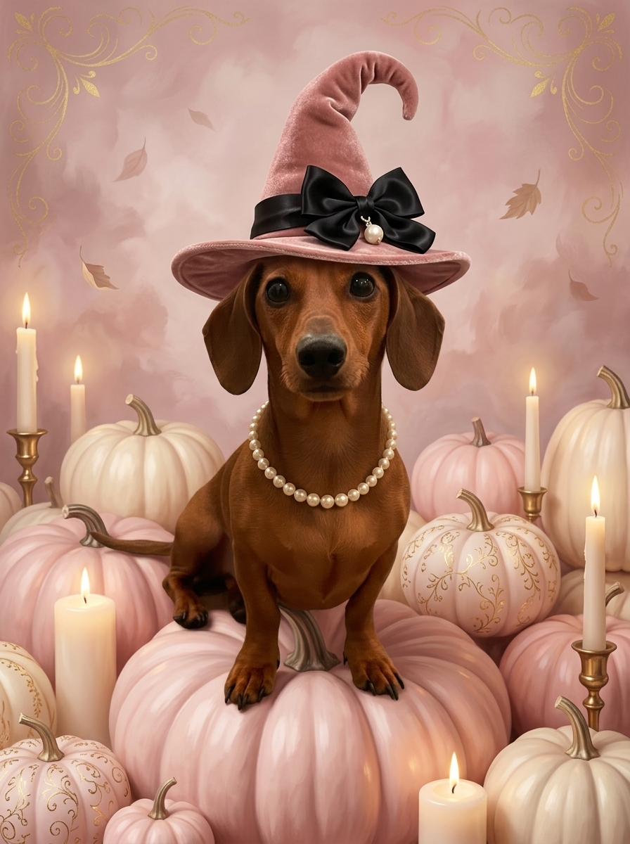 ミニチュアダックスフンドのかぼちゃとキャンドルの油絵風アートハロウィン額装プリント(A4サイズ)(4枚目)