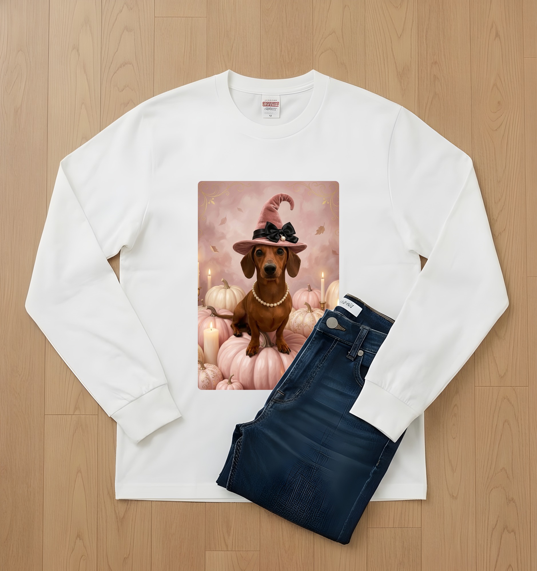 ミニチュアダックスフンドのかぼちゃとキャンドルの油絵風アートハロウィン長袖Tシャツ(ホワイト)(2枚目)