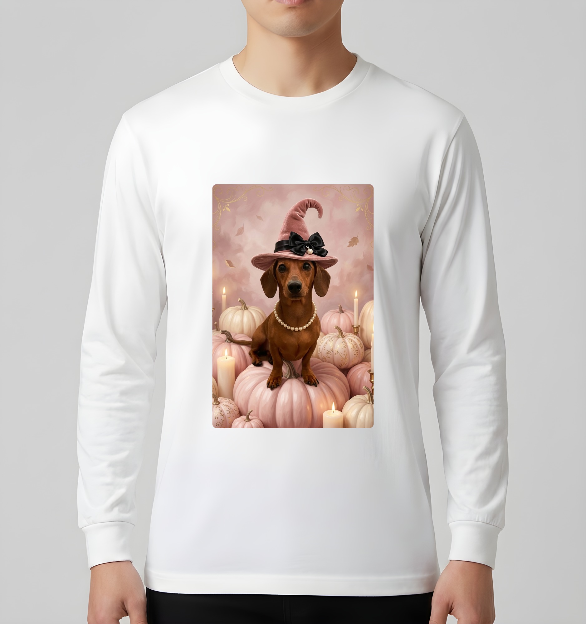ミニチュアダックスフンドのかぼちゃとキャンドルの油絵風アートハロウィン長袖Tシャツ(ホワイト)(3枚目)