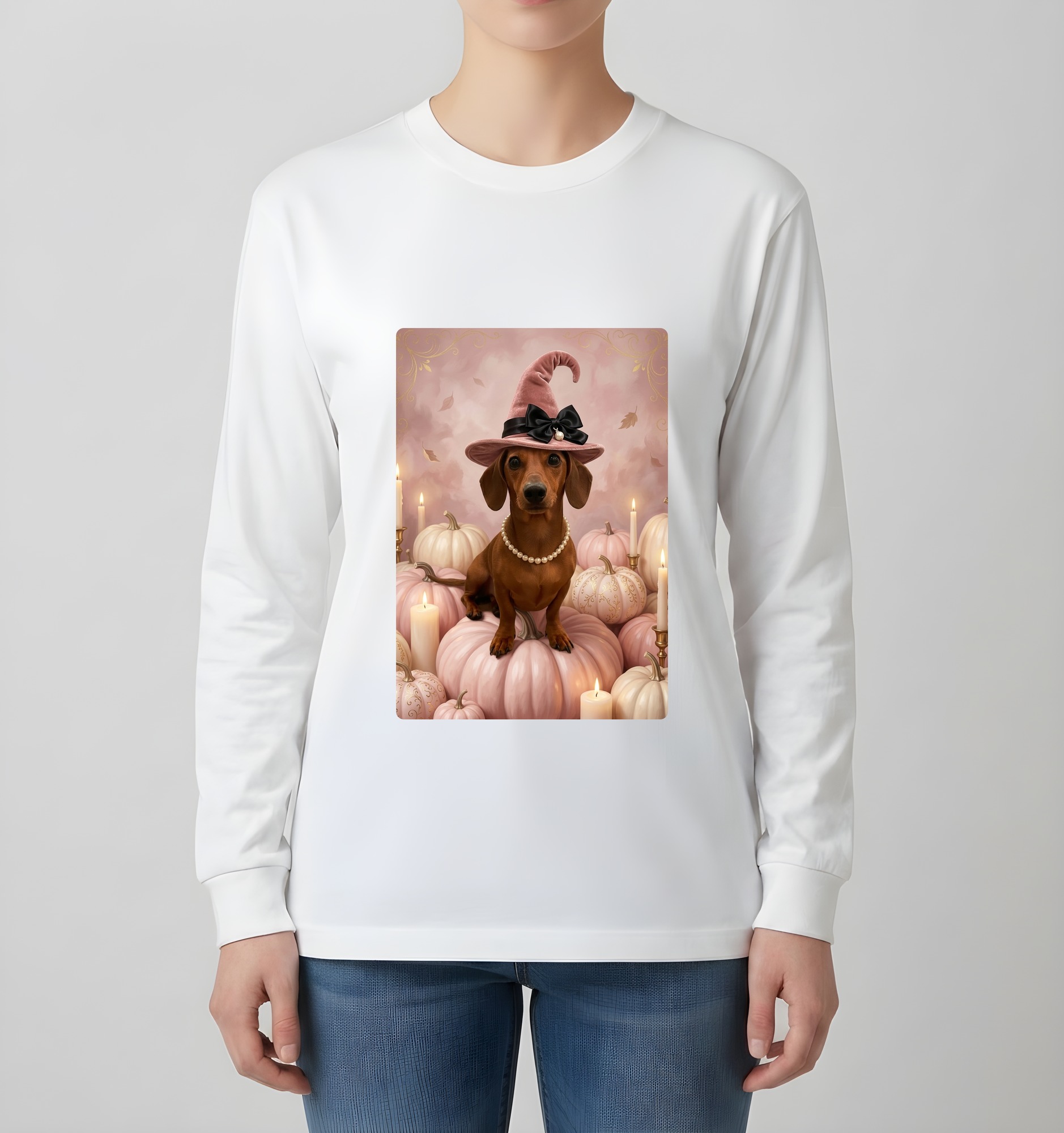 ミニチュアダックスフンドのかぼちゃとキャンドルの油絵風アートハロウィン長袖Tシャツ(ホワイト)(4枚目)