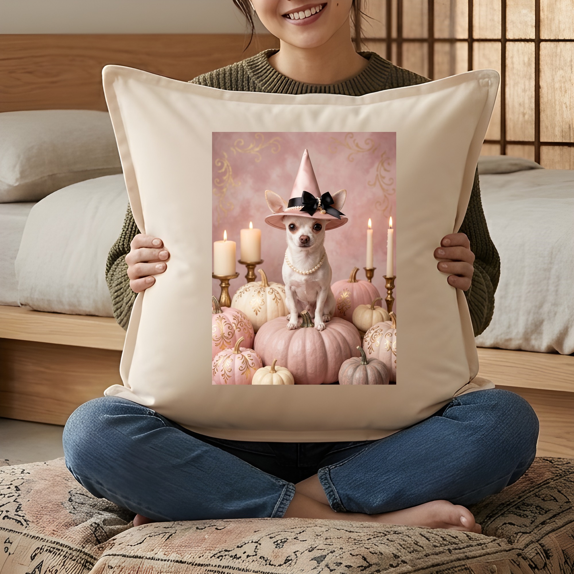 チワワのかぼちゃとキャンドルの油絵風アートハロウィンクッション(3枚目)