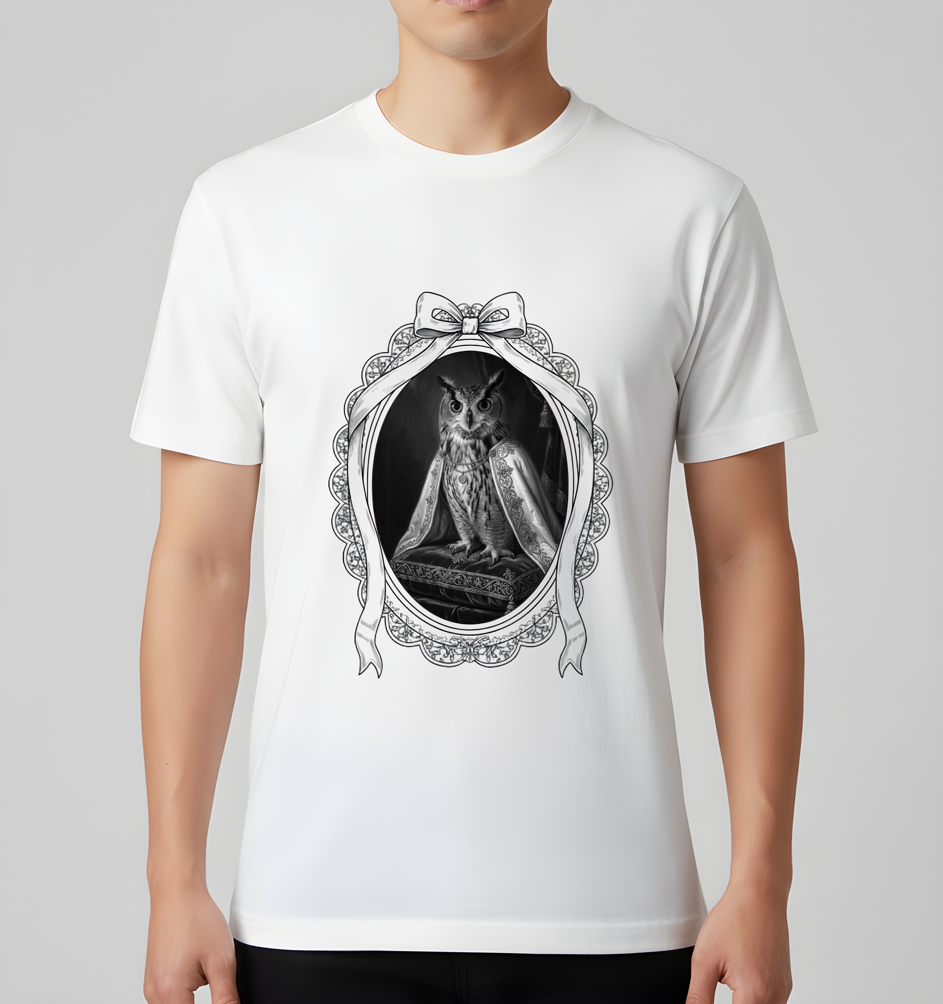 ベンガルワシミミズクのルネサンス肖像画Tシャツ（ホワイト・モノクロプリント・額縁デザインあり）（3枚目）