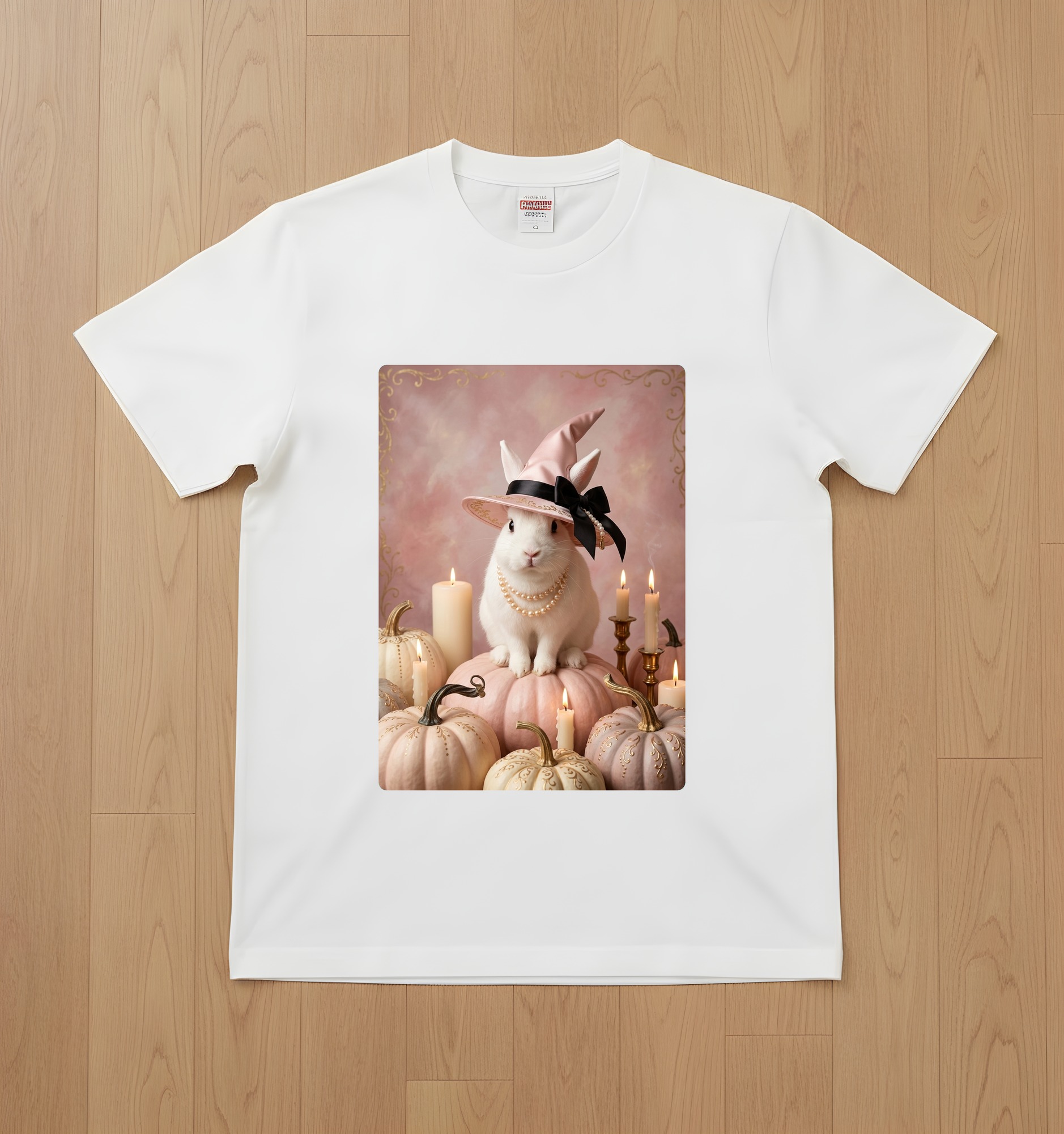 ポーリッシュのかぼちゃとキャンドルの油絵風アートハロウィンTシャツ(ホワイト)