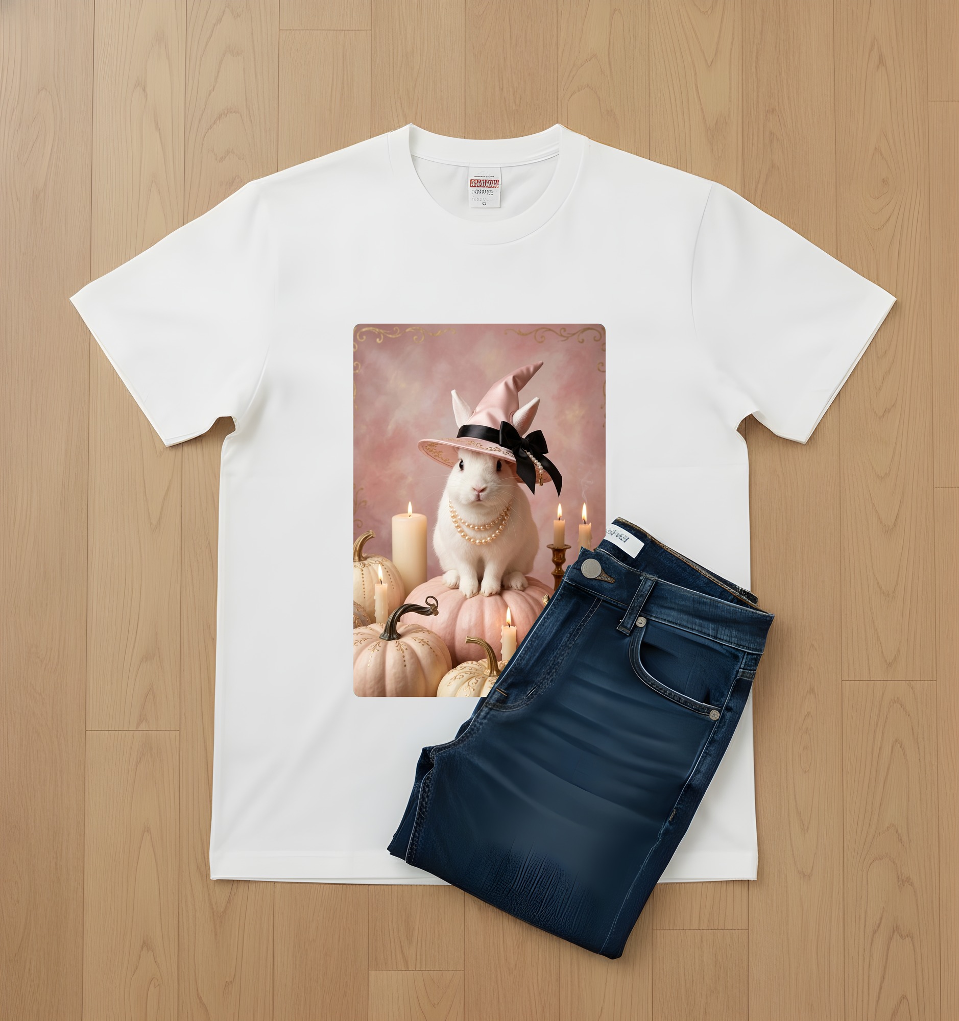 ポーリッシュのかぼちゃとキャンドルの油絵風アートハロウィンTシャツ(ホワイト)(2枚目)
