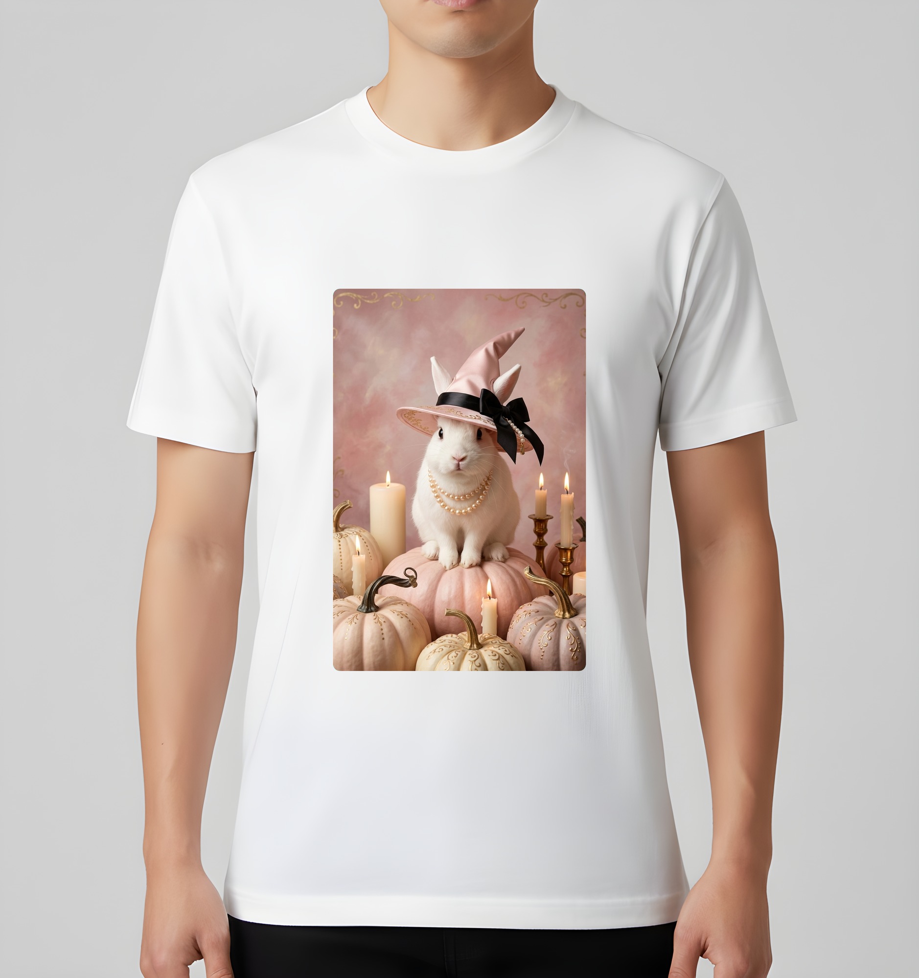 ポーリッシュのかぼちゃとキャンドルの油絵風アートハロウィンTシャツ(ホワイト)(3枚目)