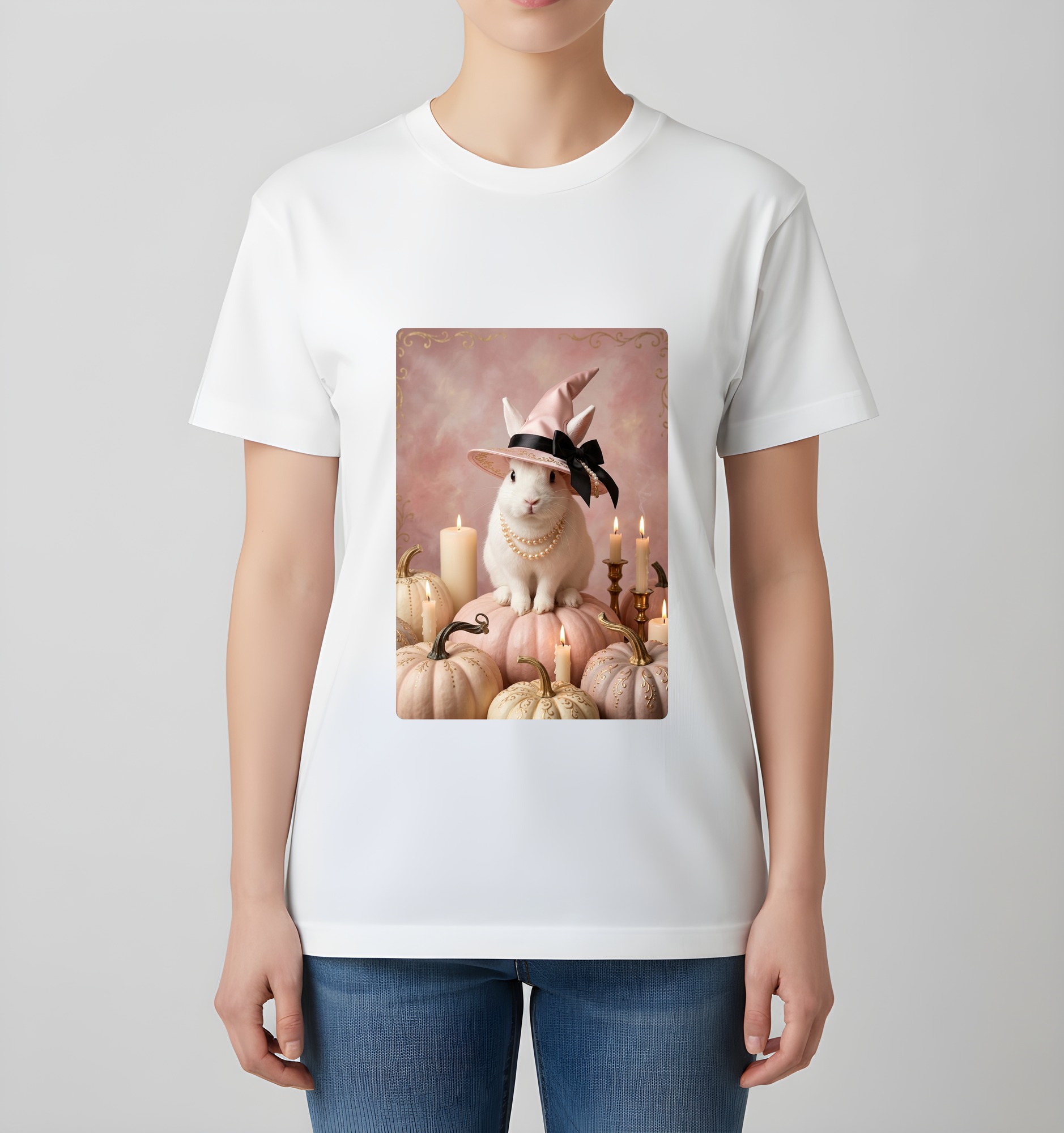 ポーリッシュのかぼちゃとキャンドルの油絵風アートハロウィンTシャツ(ホワイト)(4枚目)