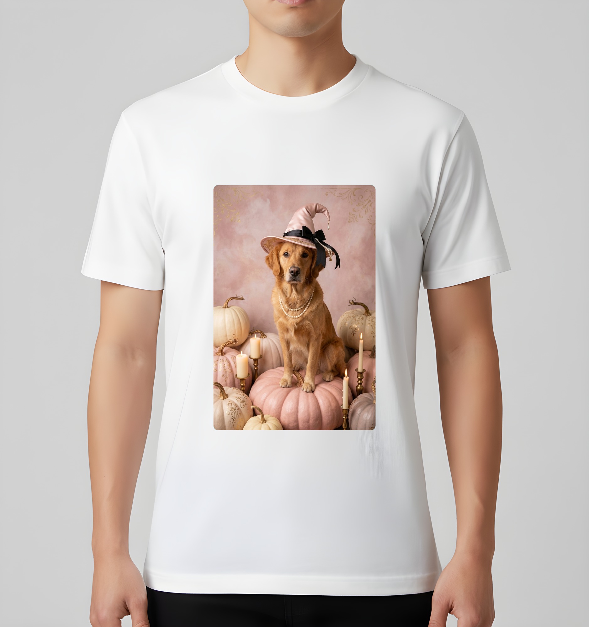 ゴールデンレトリバーのかぼちゃとキャンドルの油絵風アートハロウィンTシャツ(ホワイト)(3枚目)