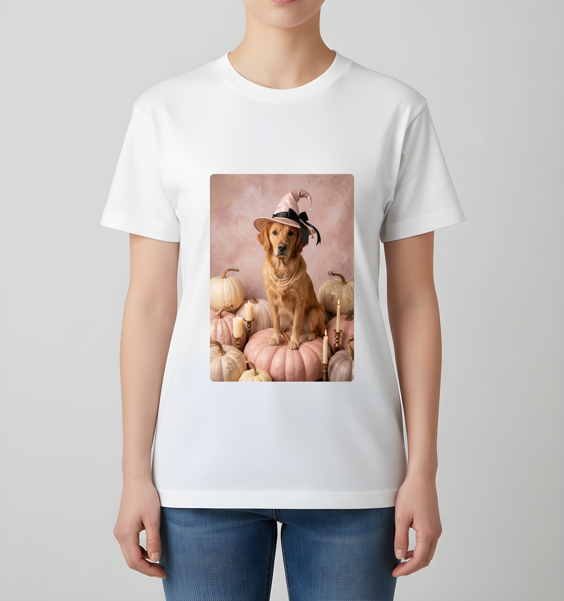 ゴールデンレトリバーのかぼちゃとキャンドルの油絵風アートハロウィンTシャツ(ホワイト)(4枚目)