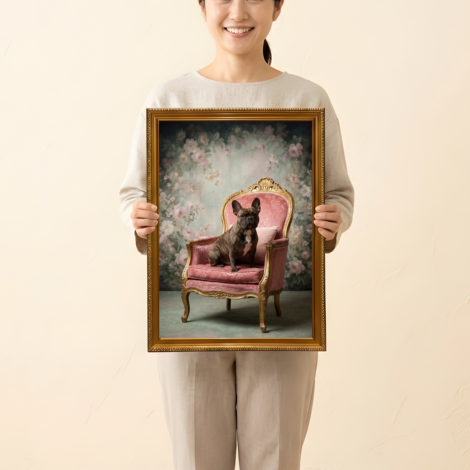 フレンチブルドッグのシャビーピンクの油絵風アートロココ調額装プリント(A3サイズ)(2枚目)