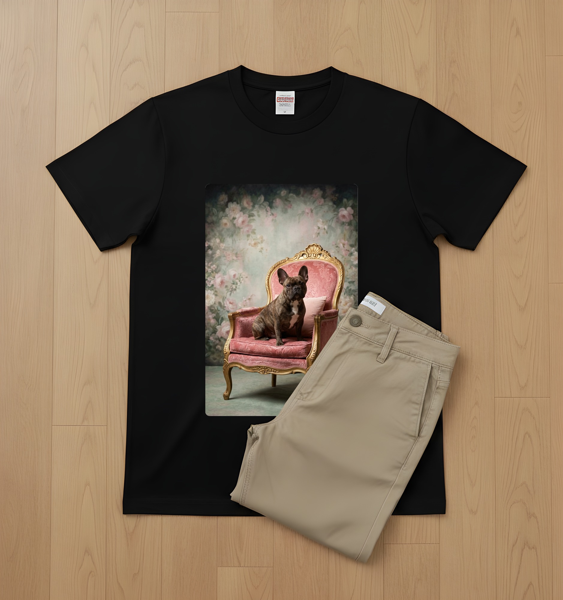 フレンチブルドッグのシャビーピンクの油絵風アートロココ調Tシャツ(ブラック)(2枚目)