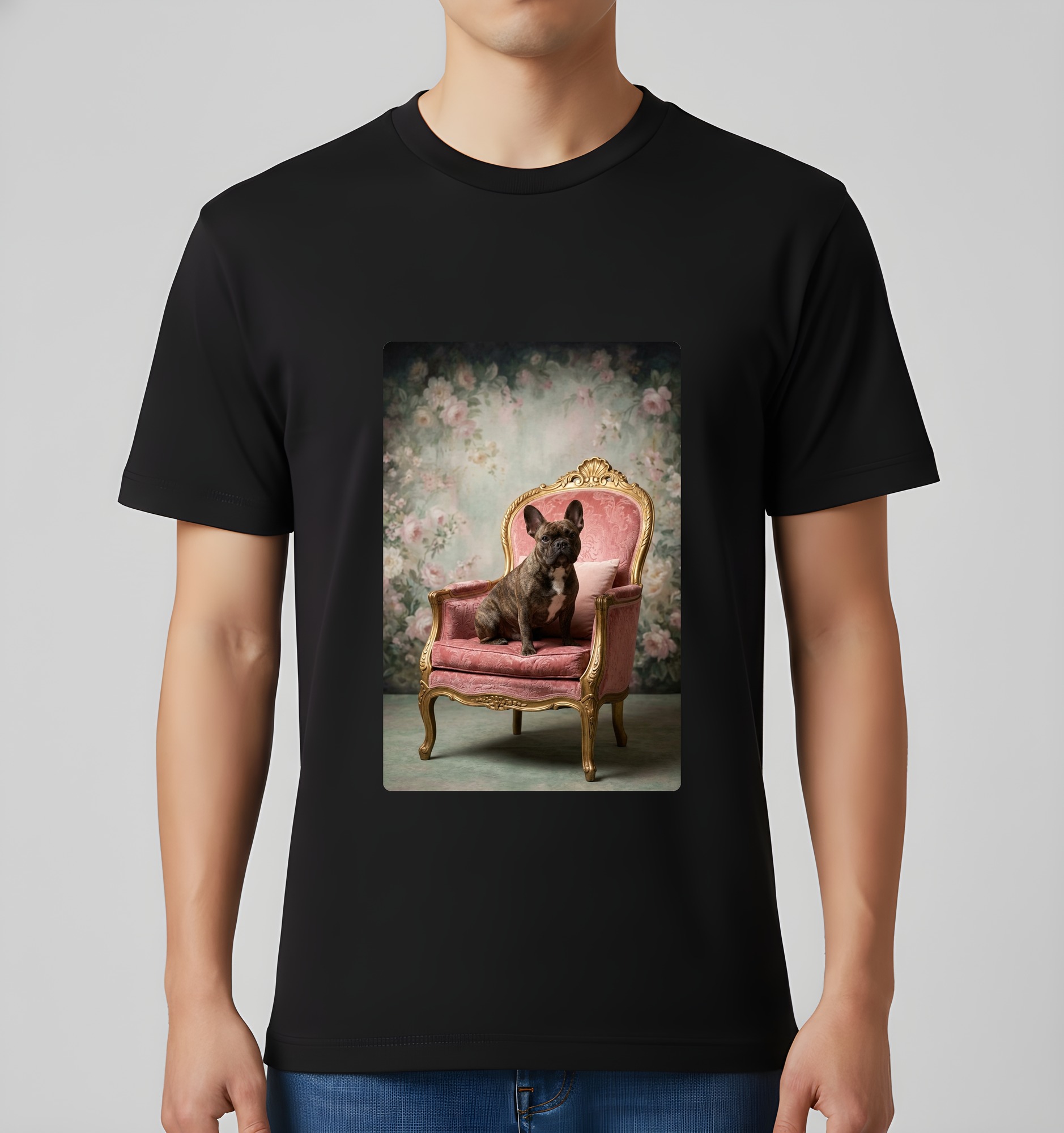 フレンチブルドッグのシャビーピンクの油絵風アートロココ調Tシャツ(ブラック)(3枚目)