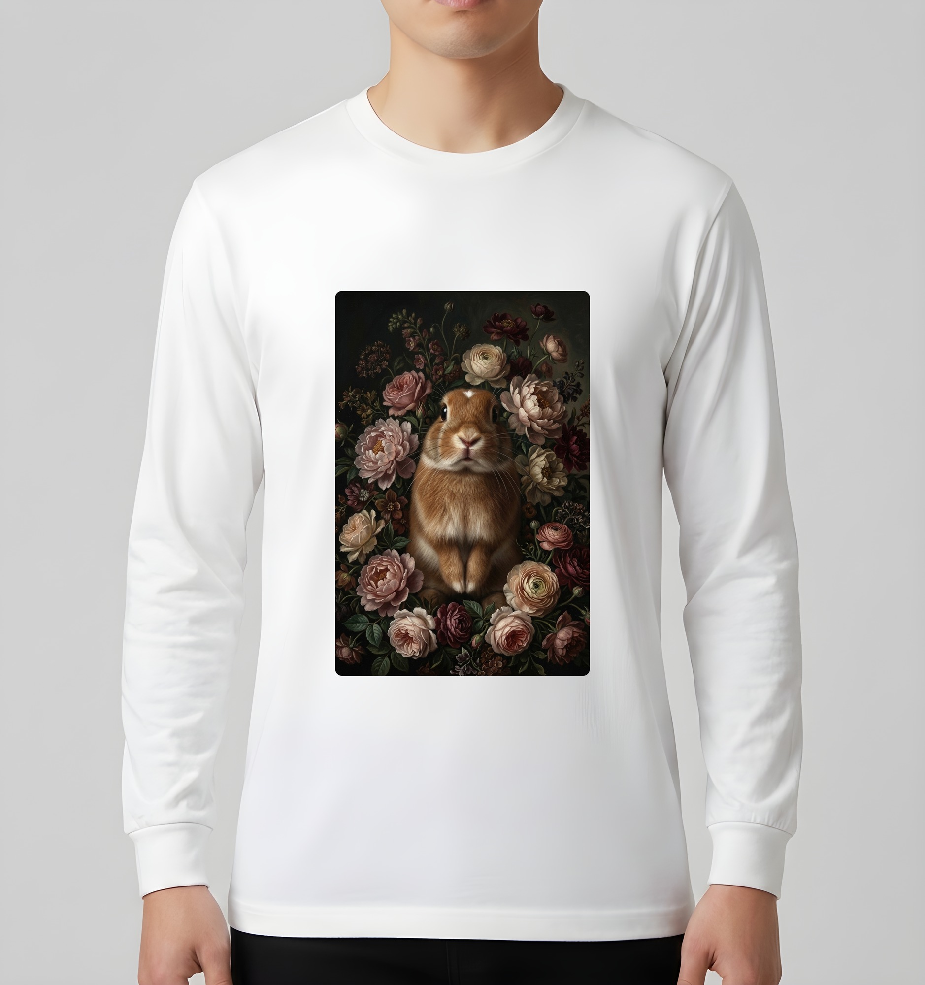 ネザーランドドワーフの花の油絵風アート花柄長袖Tシャツ（ホワイト）（3枚目）