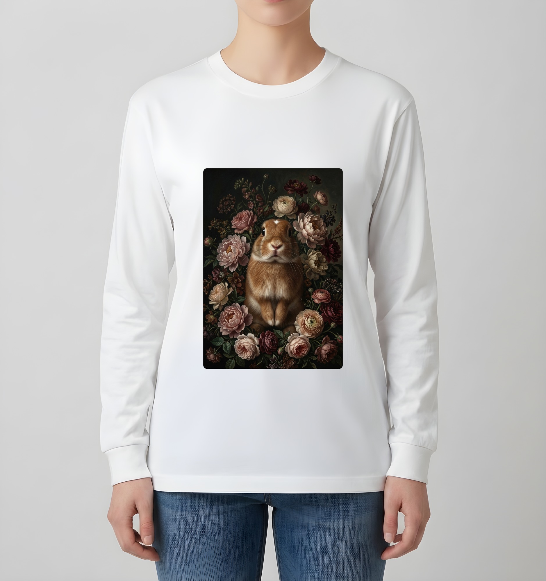 ネザーランドドワーフの花の油絵風アート花柄長袖Tシャツ（ホワイト）（4枚目）