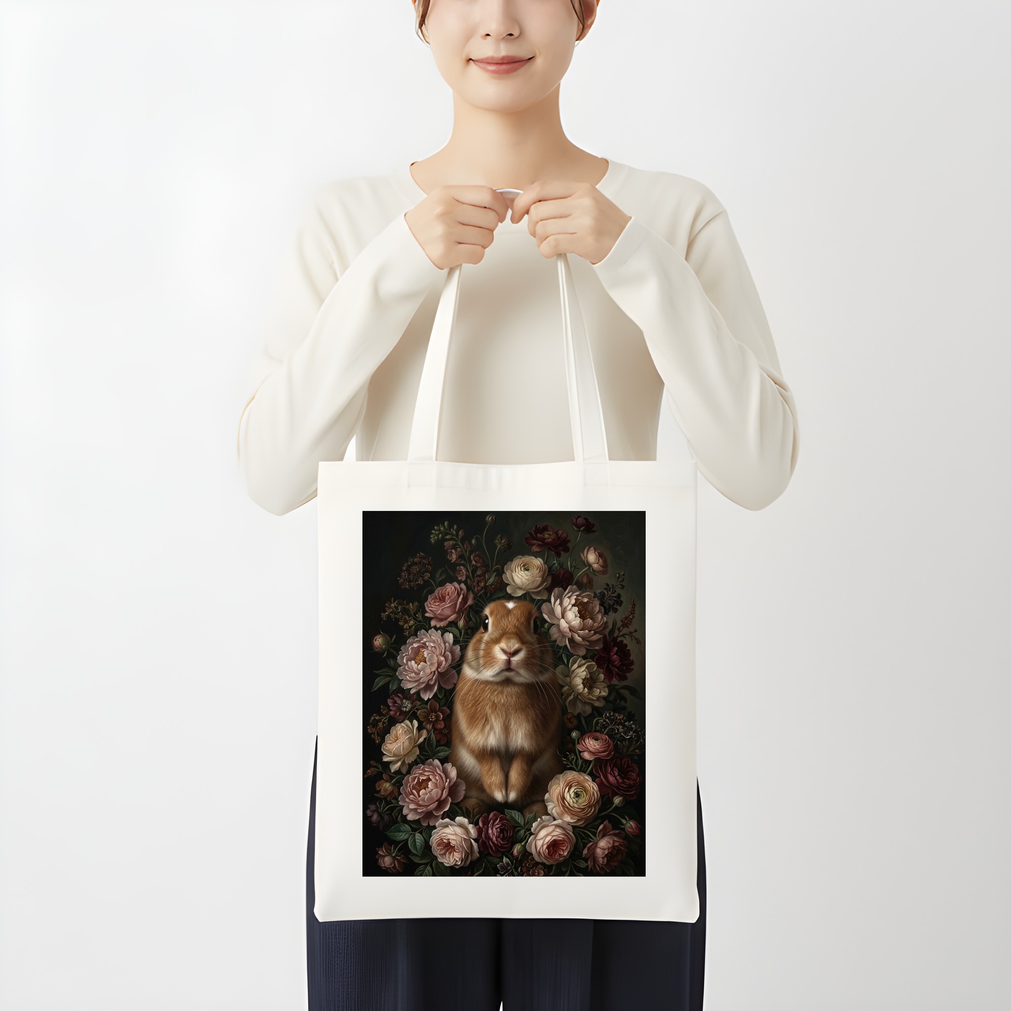 ネザーランドドワーフの花の油絵風アート花柄トートバッグ（3枚目）