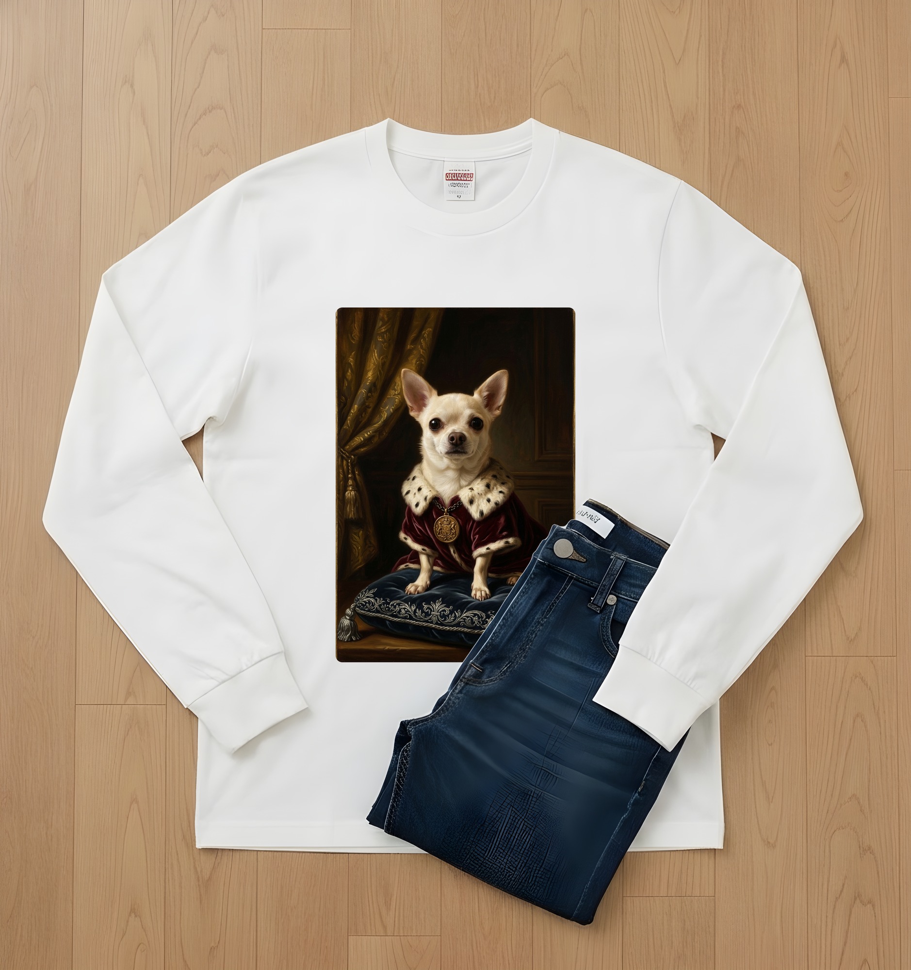 チワワのルネサンス肖像画長袖Tシャツ（ホワイト）（2枚目）