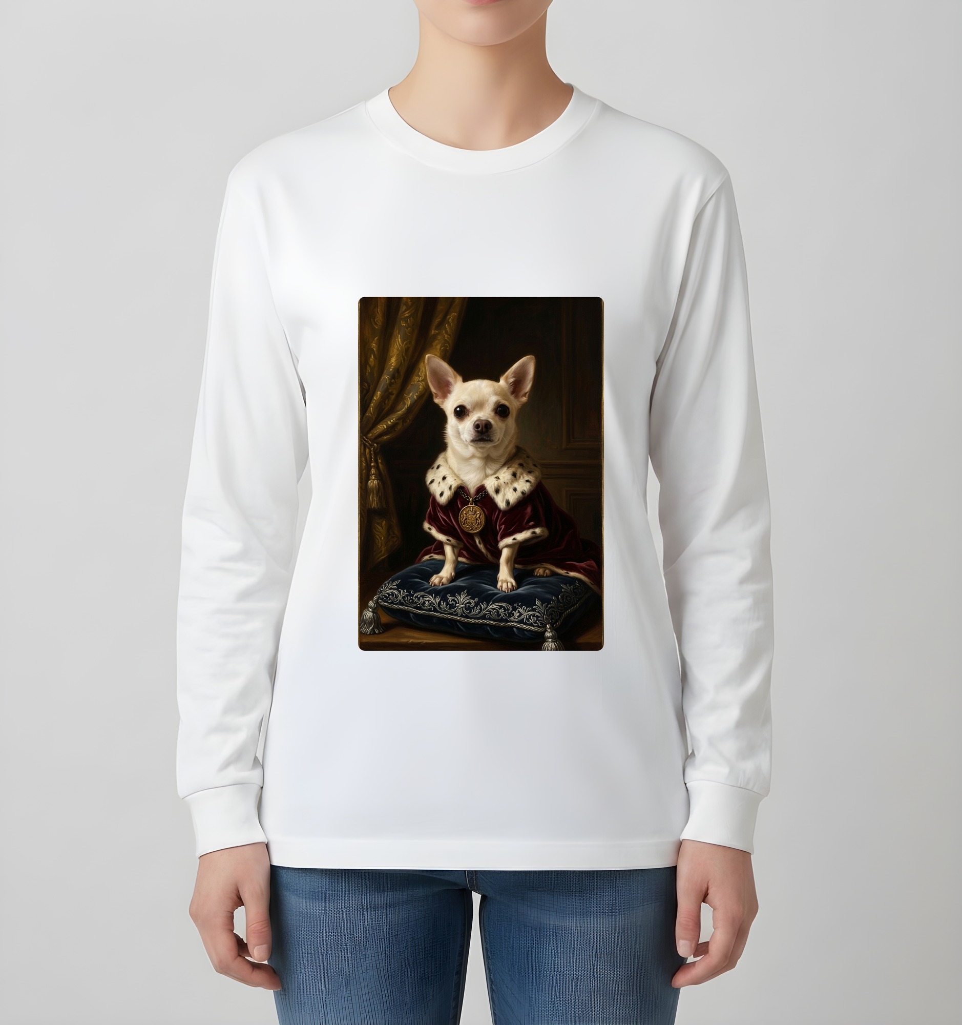 チワワのルネサンス肖像画長袖Tシャツ（ホワイト）（4枚目）