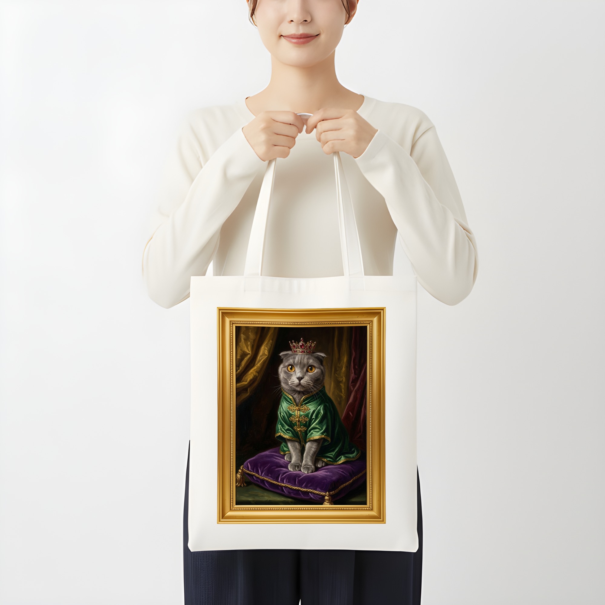 スコティッシュフォールドのルネサンス肖像画トートバッグ(カラープリント・額縁デザインあり)(3枚目)