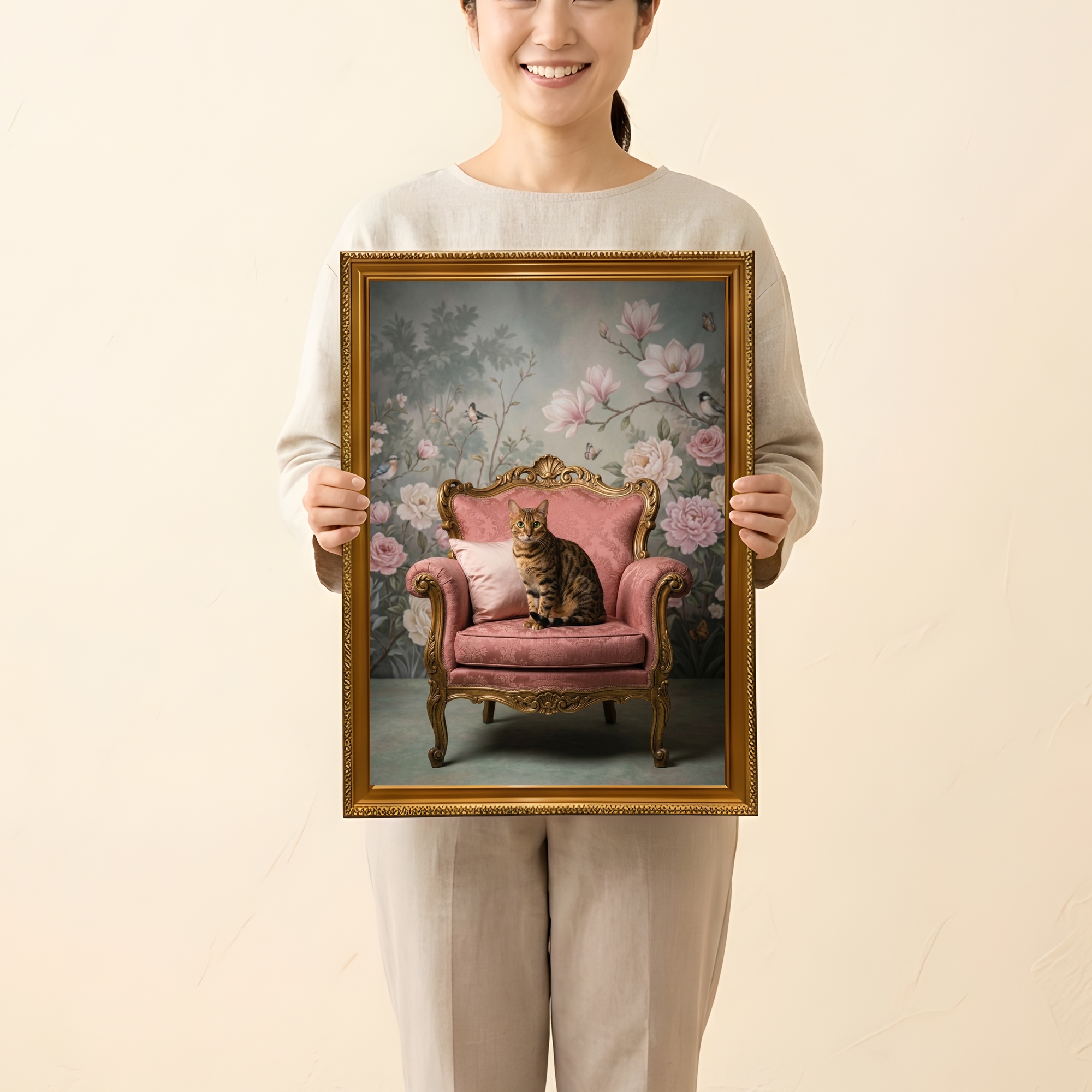 ベンガルのシャビーピンクの油絵風アートロココ調額装プリント（A3サイズ）（2枚目）