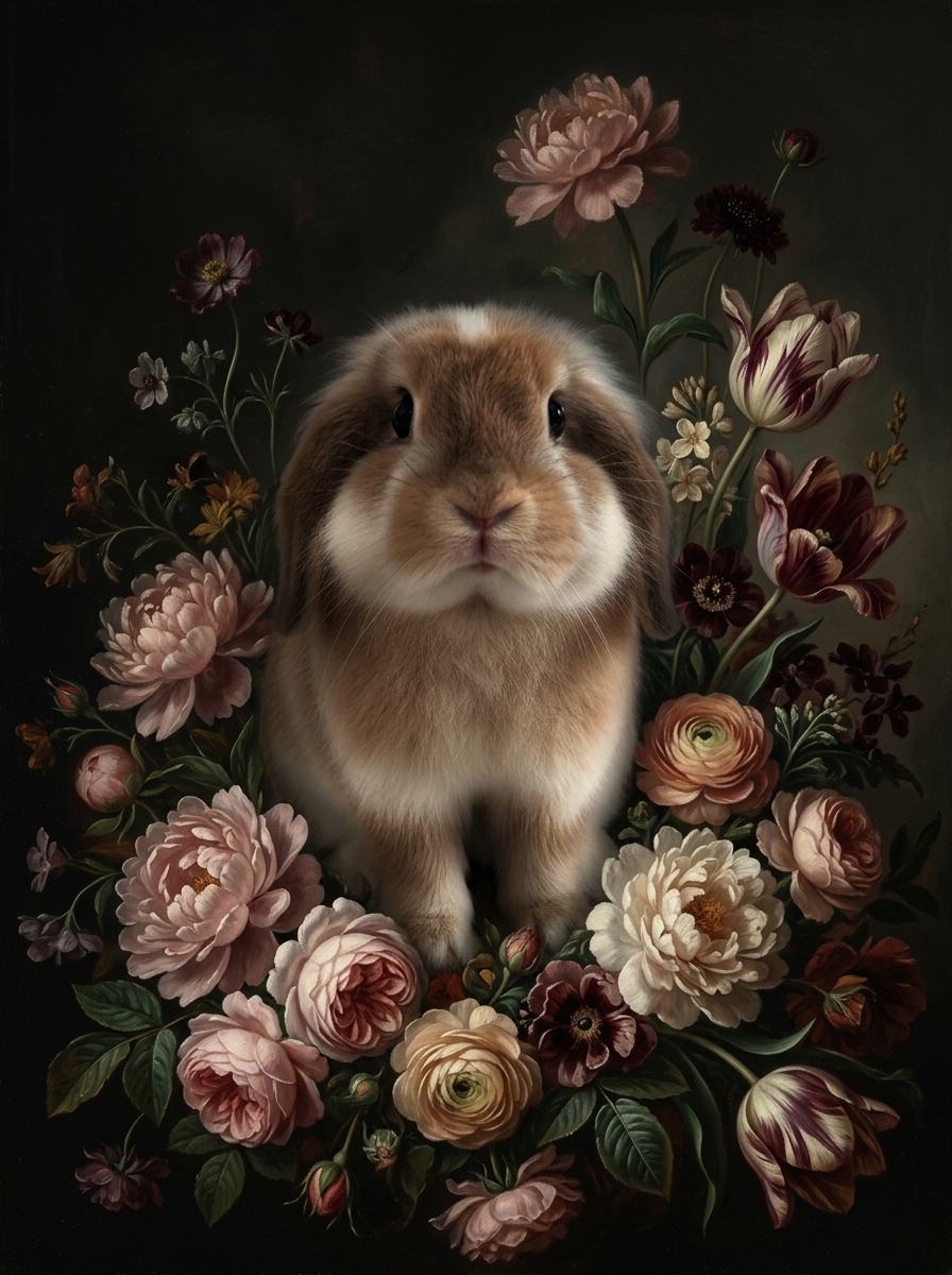 アメリカンファジーロップの花の油絵風アート花柄額装プリント（A4金縁）（4枚目）