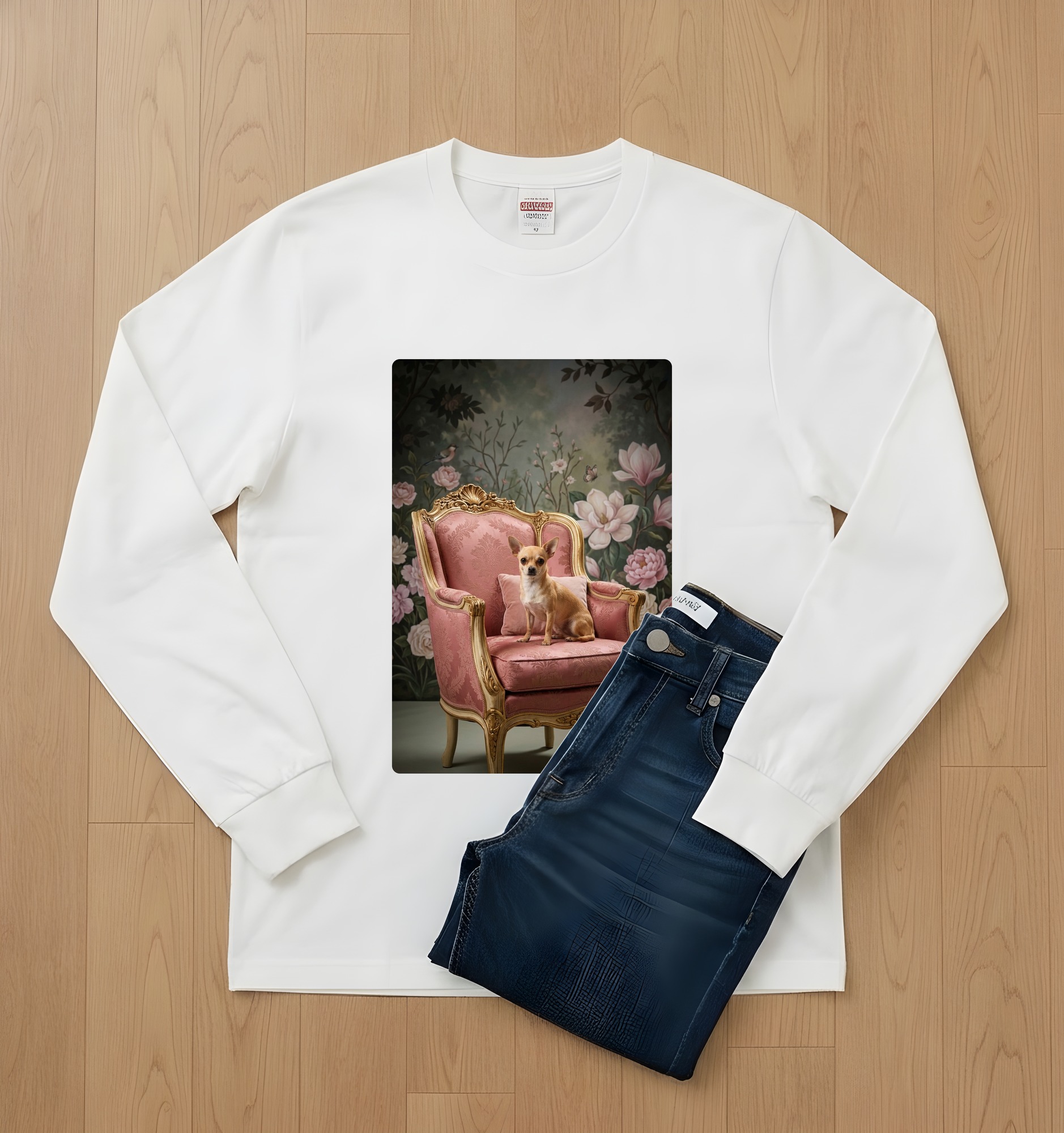 チワワのシャビーピンクの油絵風アートロココ調長袖Tシャツ（ホワイト）（2枚目）