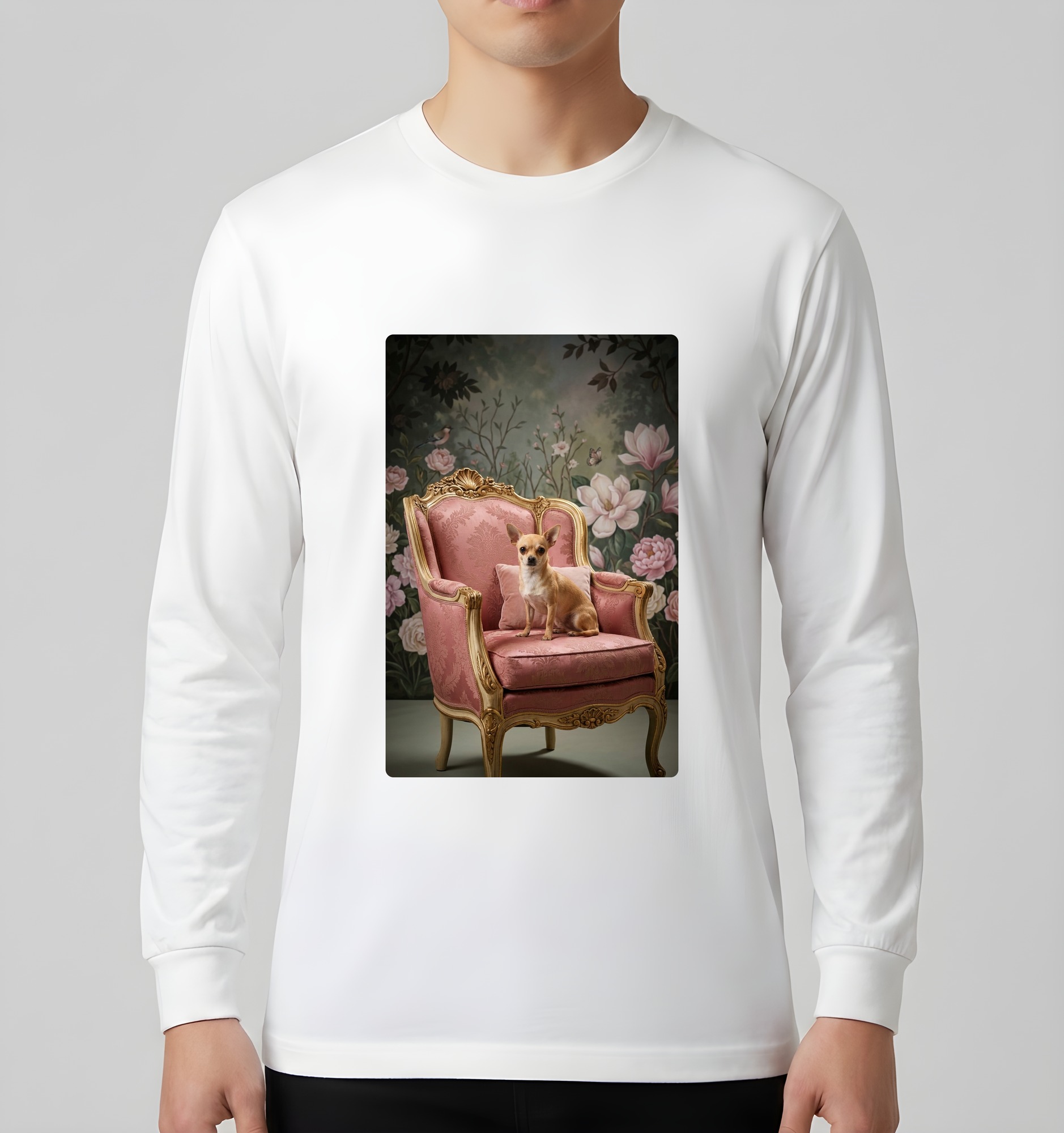 チワワのシャビーピンクの油絵風アートロココ調長袖Tシャツ（ホワイト）（3枚目）