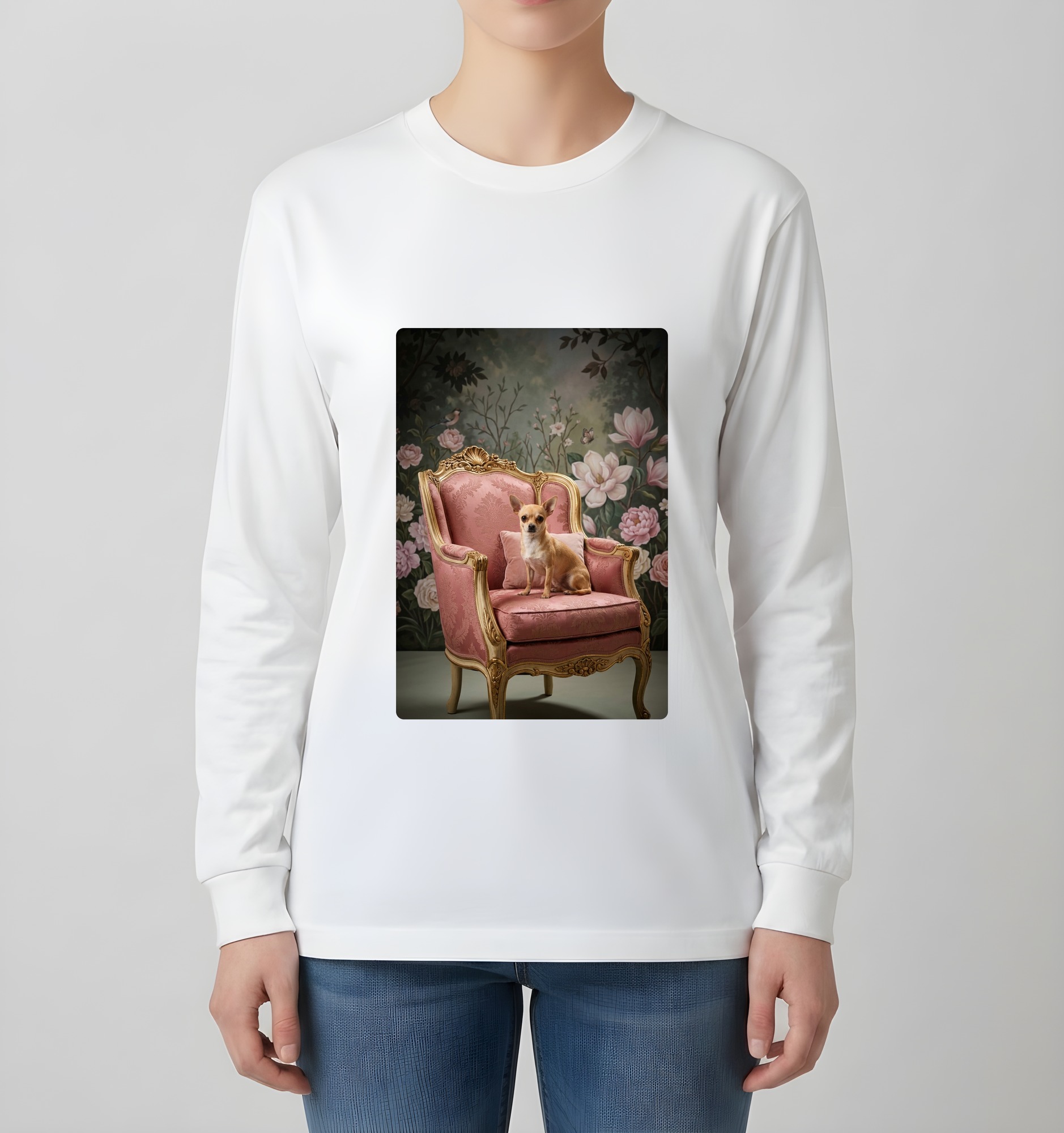 チワワのシャビーピンクの油絵風アートロココ調長袖Tシャツ（ホワイト）（4枚目）