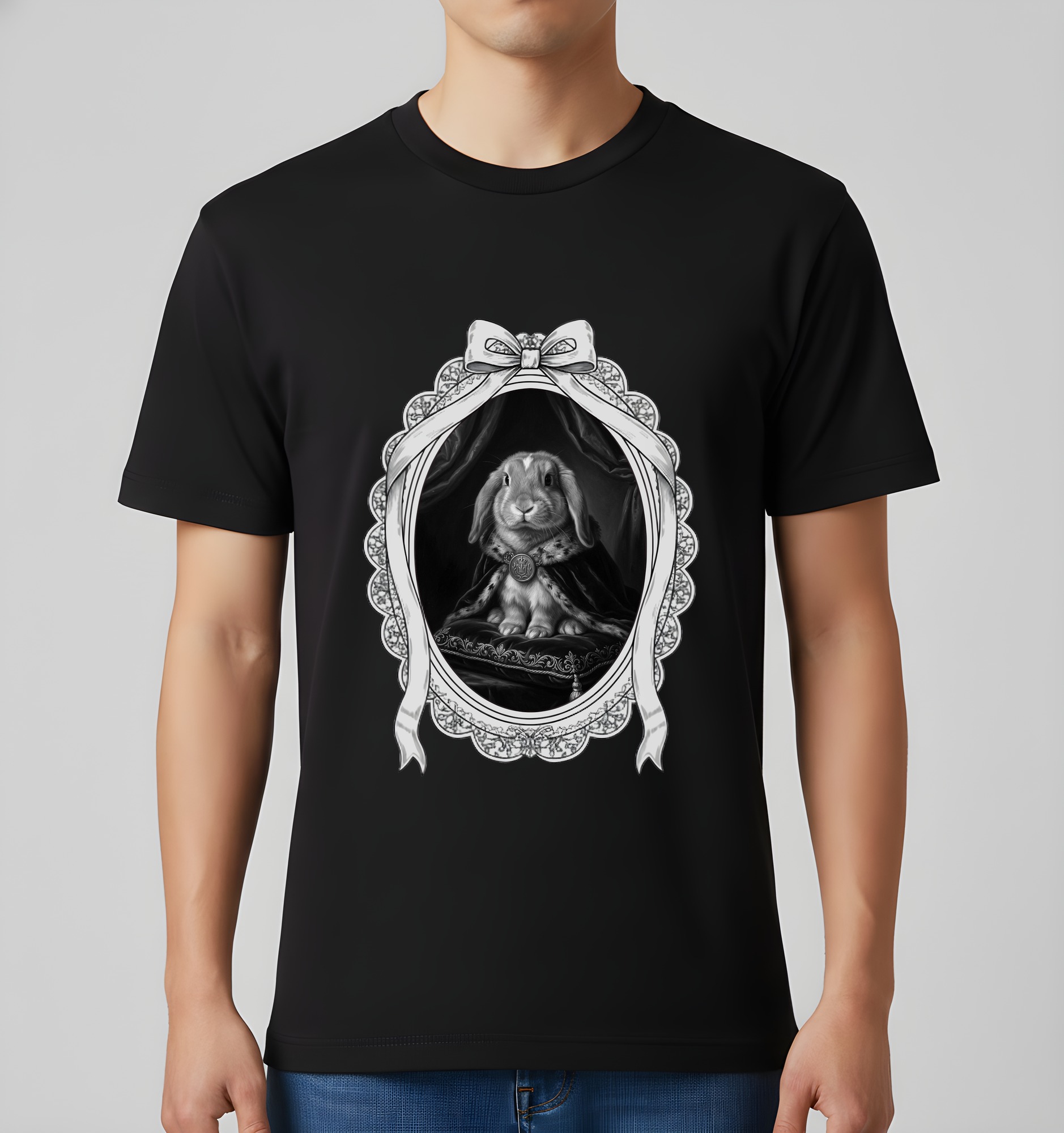 イングリッシュロップのルネサンス肖像画Tシャツ（ブラック・モノクロプリント・額縁デザインあり）（2枚目）