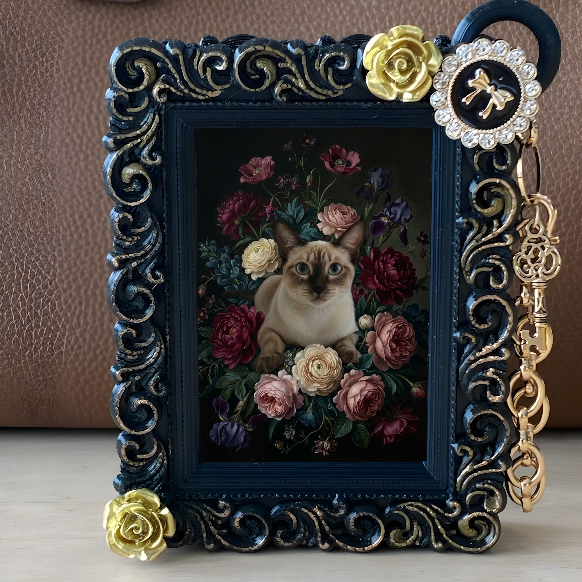 シャム猫の花の油絵風アート花柄バッグチャーム（ブラック）（2枚目）