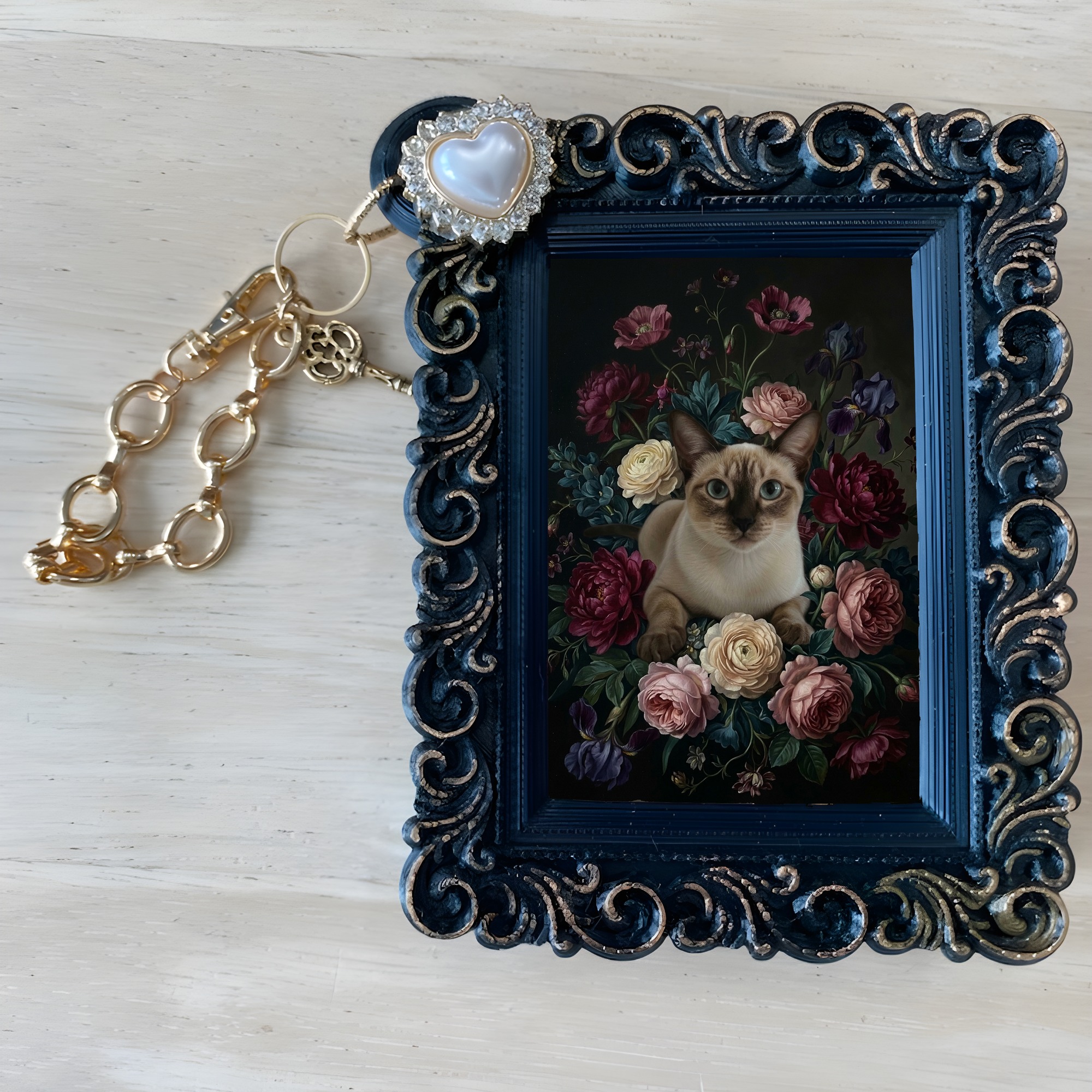 シャム猫の花の油絵風アート花柄バッグチャーム（ブラック）（4枚目）