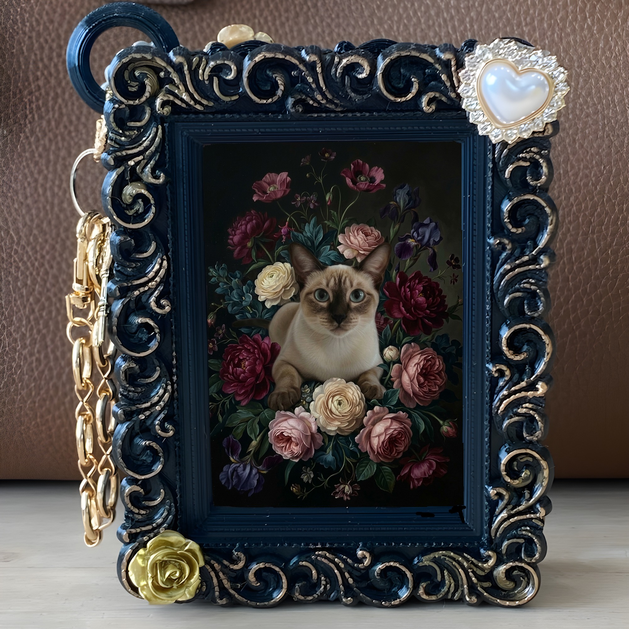 シャム猫の花の油絵風アート花柄バッグチャーム（ブラック）（5枚目）