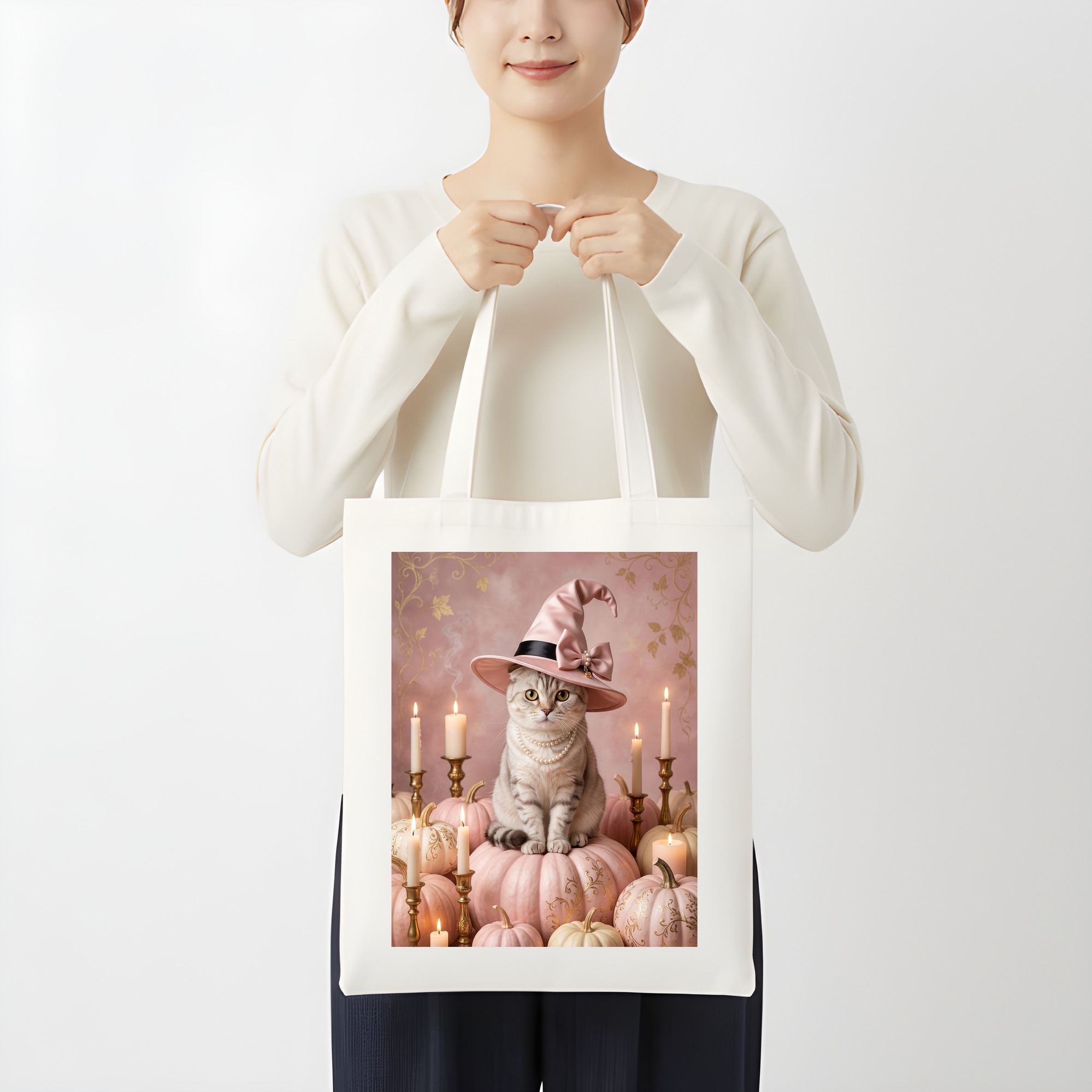 スコティッシュフォールドのかぼちゃとキャンドルの油絵風アートハロウィントートバッグ(3枚目)