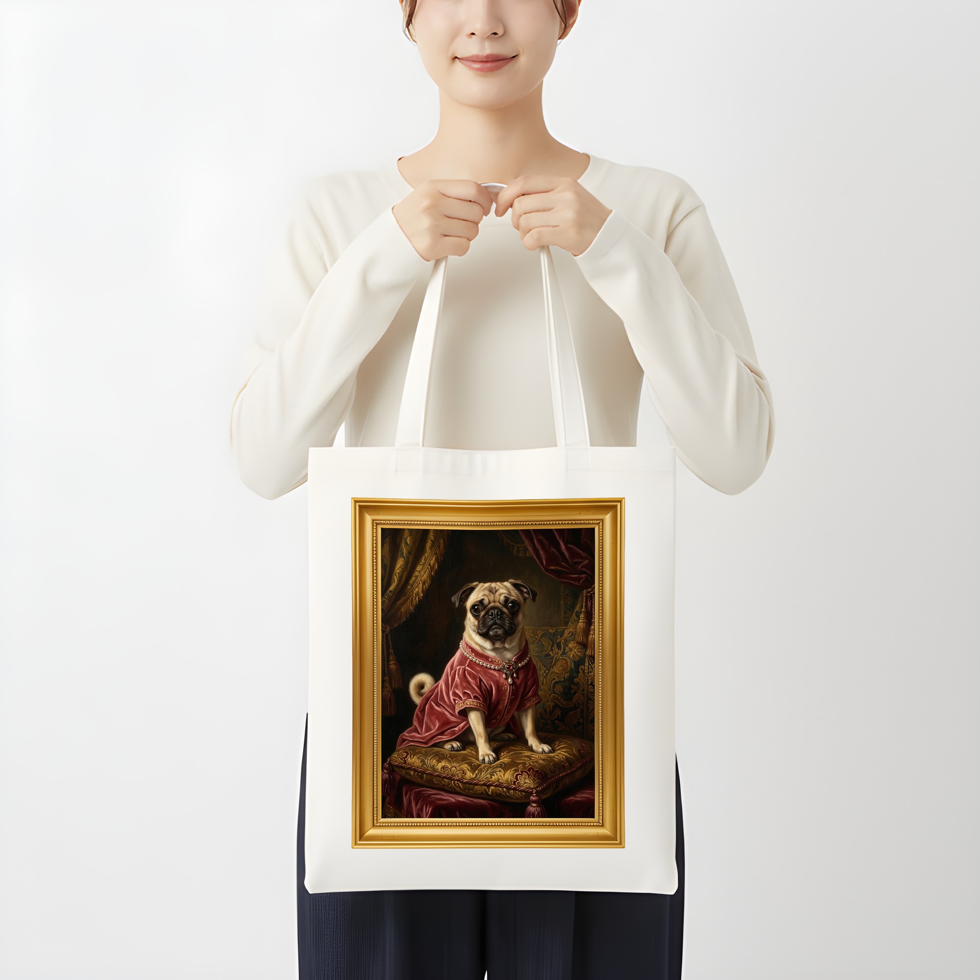 パグのルネサンス肖像画トートバッグ（カラープリント・額縁デザインあり）（3枚目）