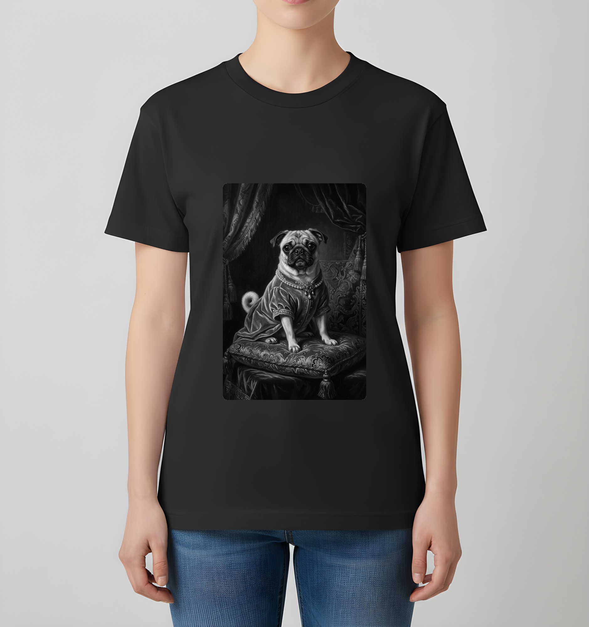 パグのルネサンス肖像画Tシャツ(ブラック・モノクロプリント・額縁なし)(4枚目)