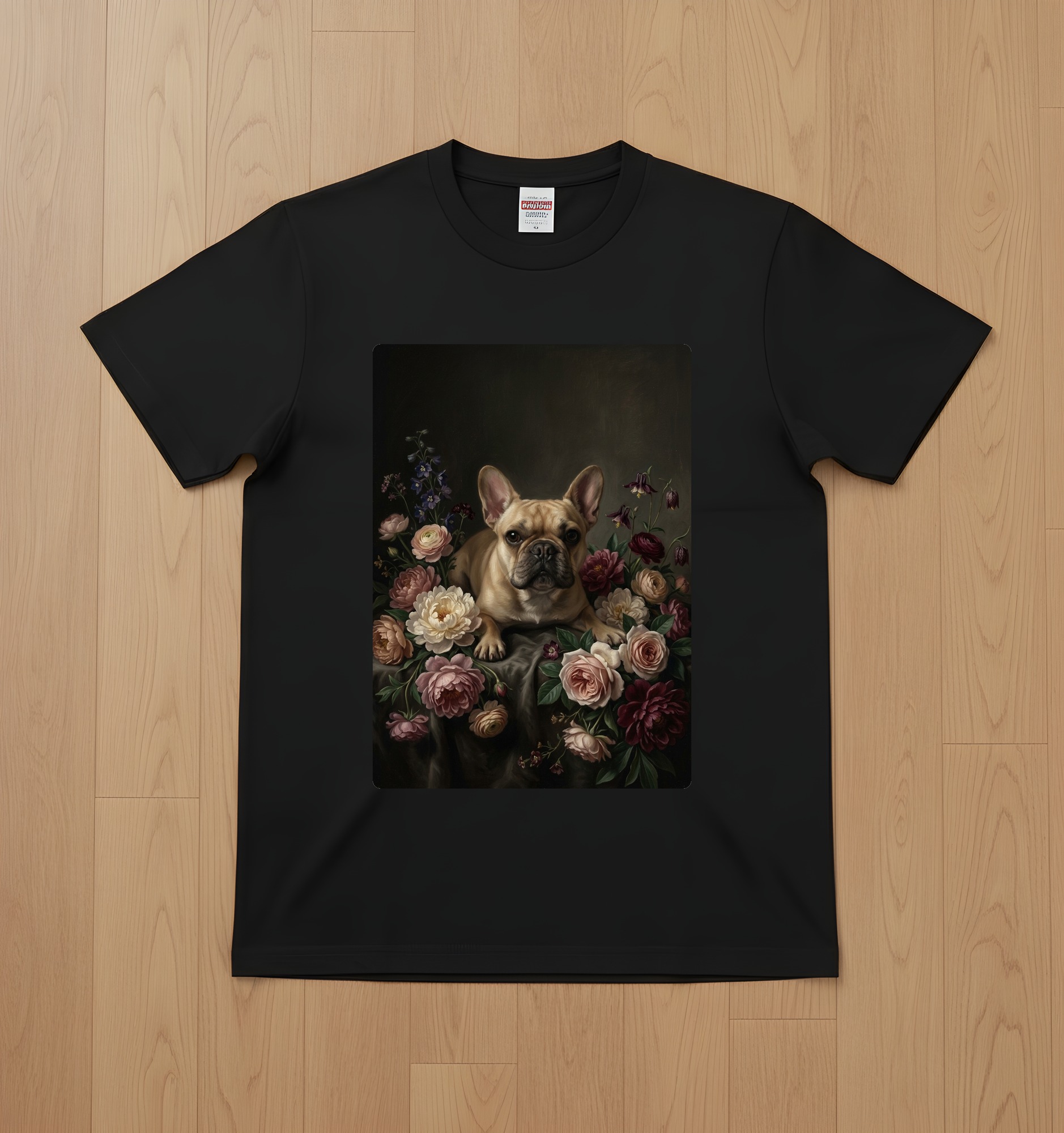 フレンチブルドッグの花の油絵風アート花柄Tシャツ(ブラック)