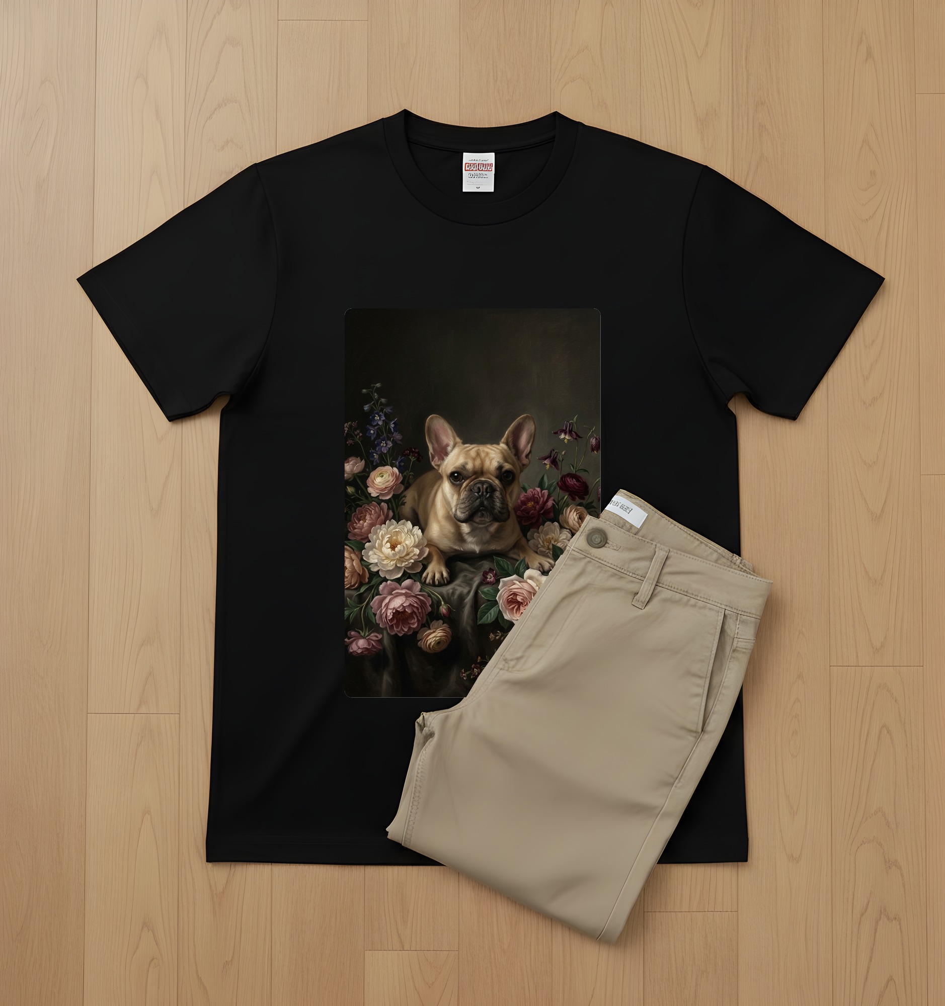 フレンチブルドッグの花の油絵風アート花柄Tシャツ(ブラック)(2枚目)