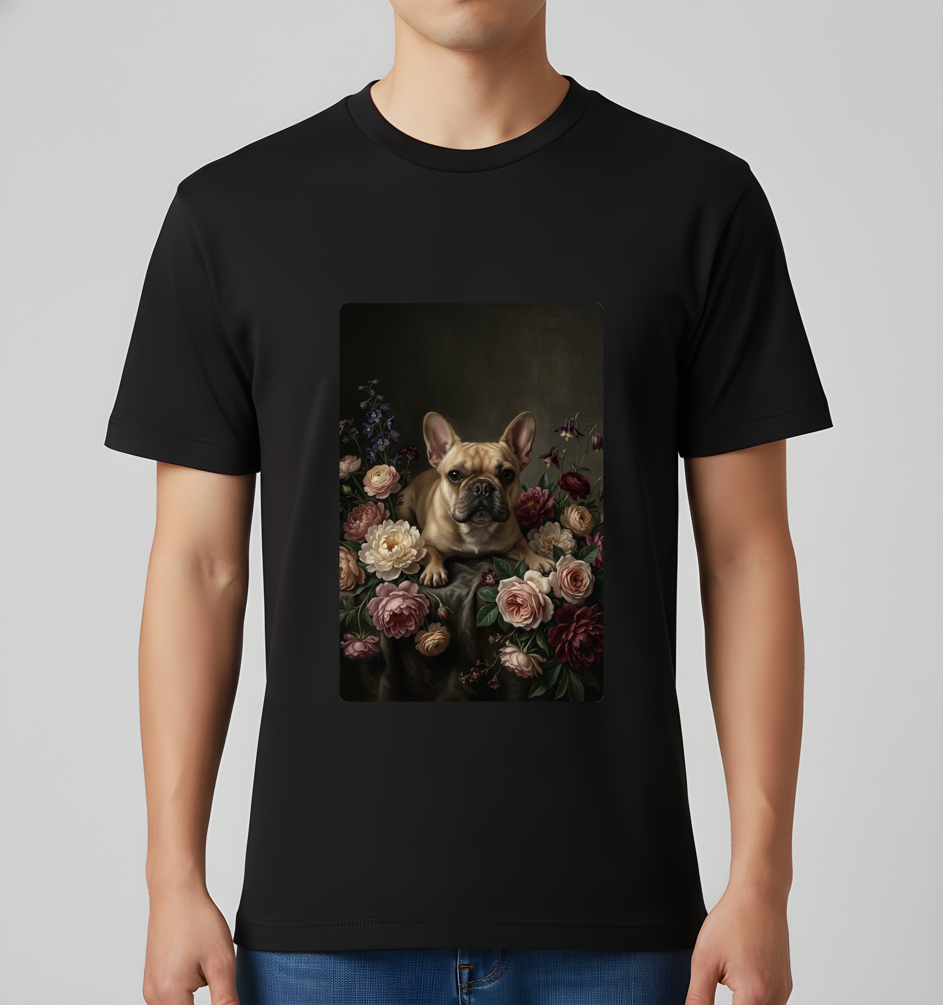 フレンチブルドッグの花の油絵風アート花柄Tシャツ(ブラック)(3枚目)