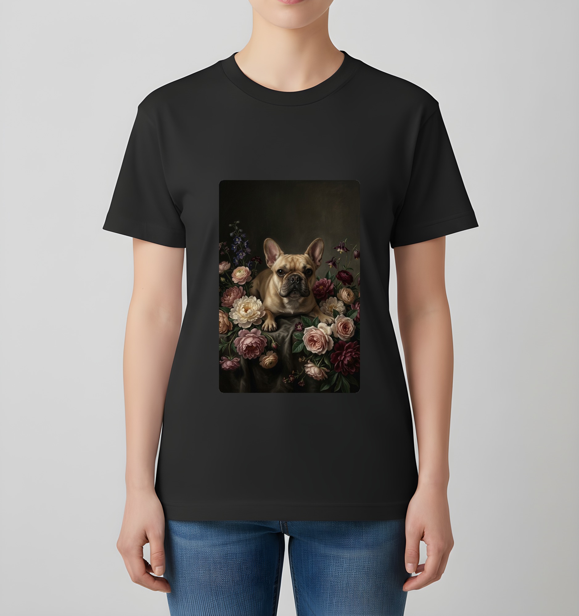 フレンチブルドッグの花の油絵風アート花柄Tシャツ(ブラック)(4枚目)