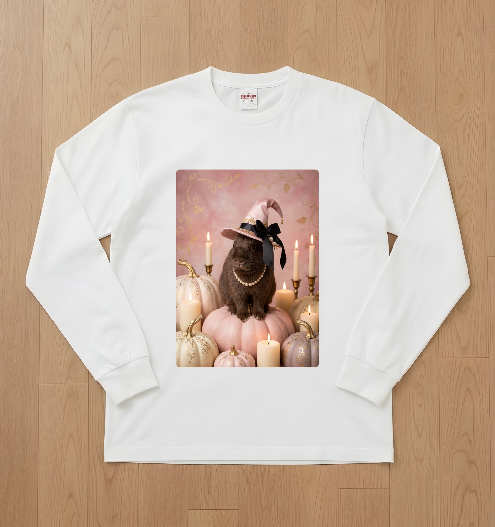ハバナのかぼちゃとキャンドルの油絵風アートハロウィン長袖Tシャツ(ホワイト)